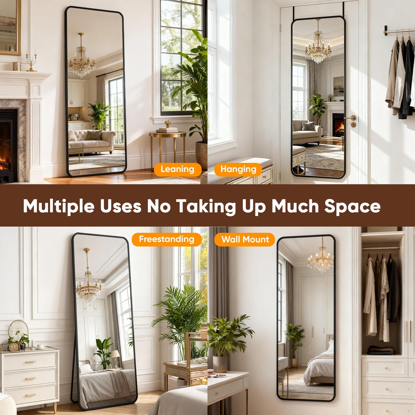 Antok 48''x 14'' Full Length Mirror Over Door, 4-in-1 Standing Leaning Wall Mounted, Adjustable Hanging Mirror for Bedroom Living Room, Black, Rounded Corner