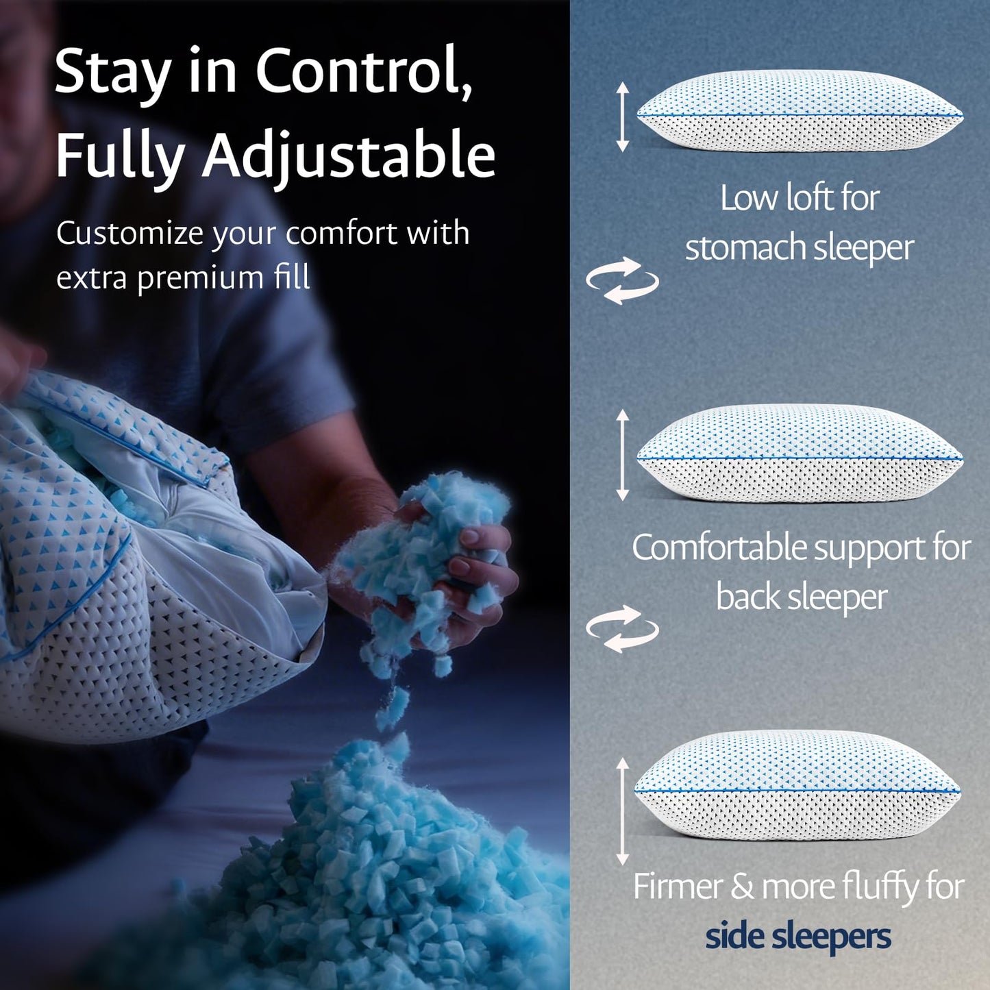 Cooling Gel Memory Foam Pillows Queen Size Set of 2 for Sleeping, Bamboo Rayon Adjustable Firm Shredded Foam Cool Bed Pillows 2 Pack for Side, Back, Stomach, Hot Sleepers Soft Yet Support, CertiPUR-US
