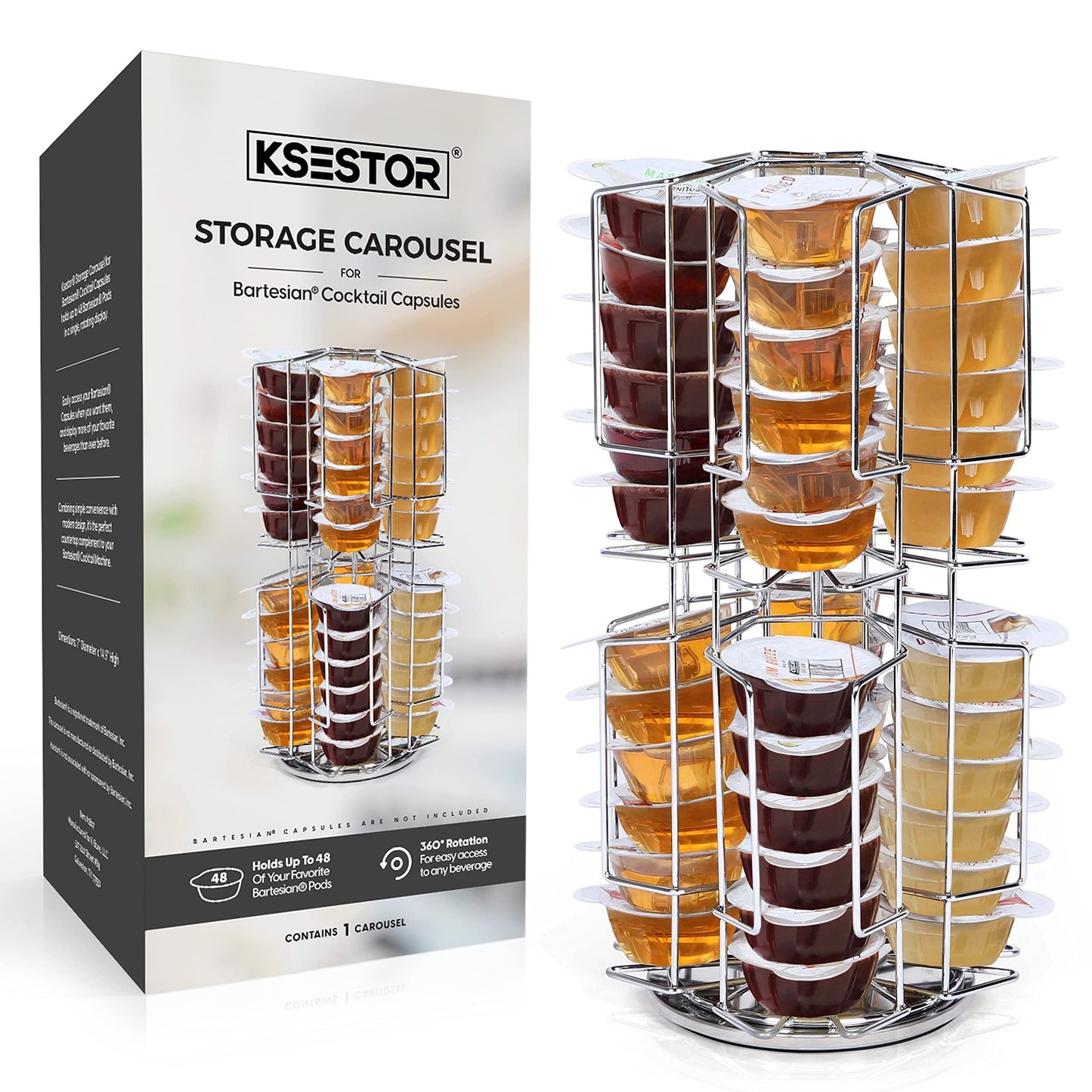 Ksestor Bartesian Capsule Holder - 48 Pod Rotating Storage Carousel, 360 Degree Chrome Tower Stand for Bartesian Cocktail Maker,Countertop Pod Organizer