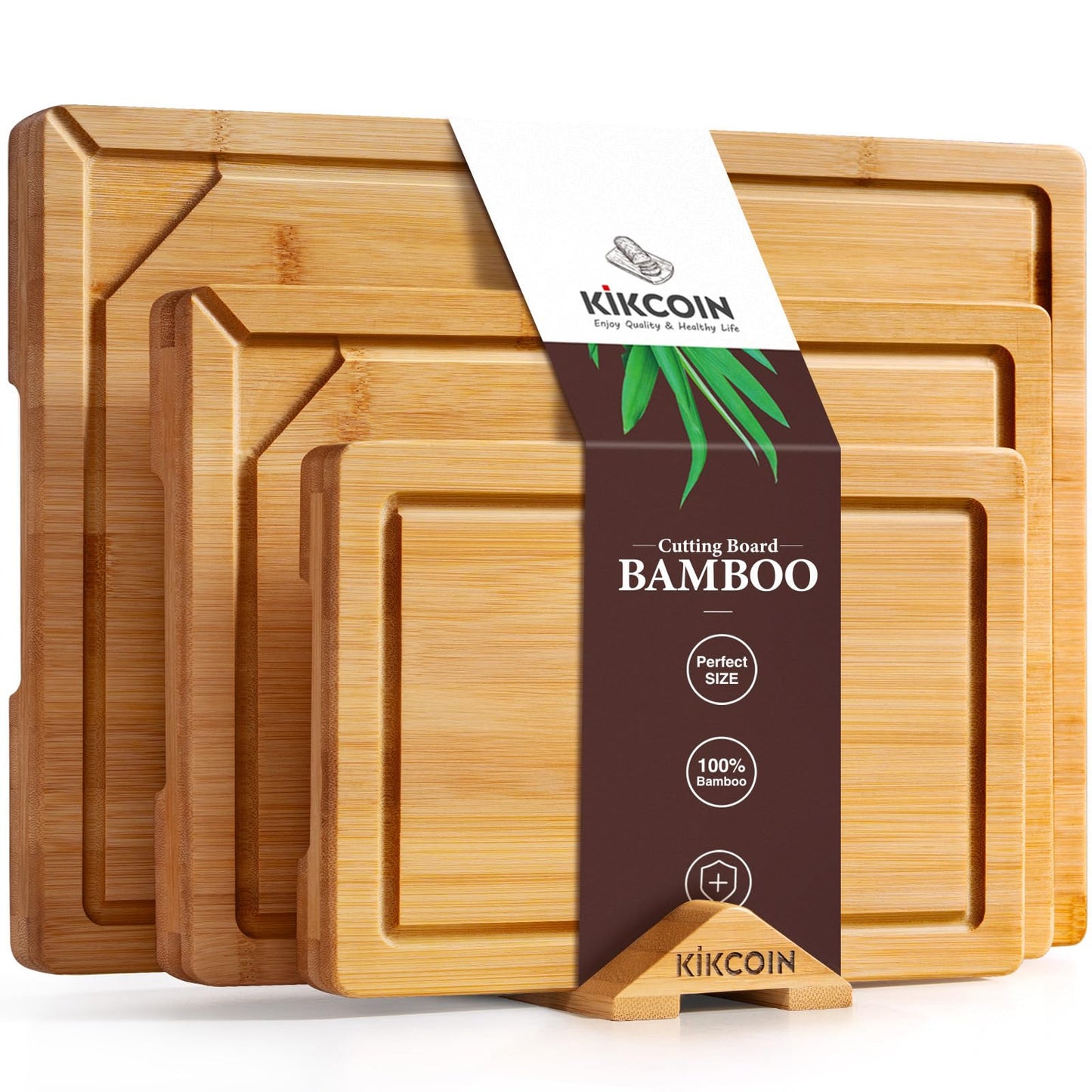 Kikcoin 3+1 Piece Self-Draining Bamboo Cutting Boards, Wooden Cutting Boards for Charcuterie, Vegetables, Cheese, Bread, Extra Large Chopping Boards with Deep Juice Groove and Handle, Natural