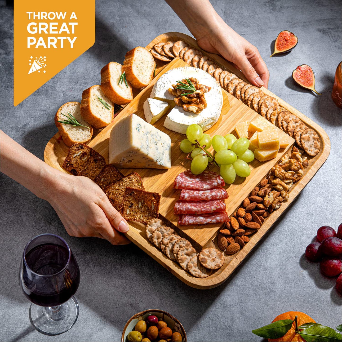 Bambüsi Charcuterie Boards - Large Bamboo Cheese Board Set with Knives for Serving Meat + Cheese Platter - House Warming Gifts for New Home, Wedding, Bridal Shower, Birthday Gifts for Women, Hostess