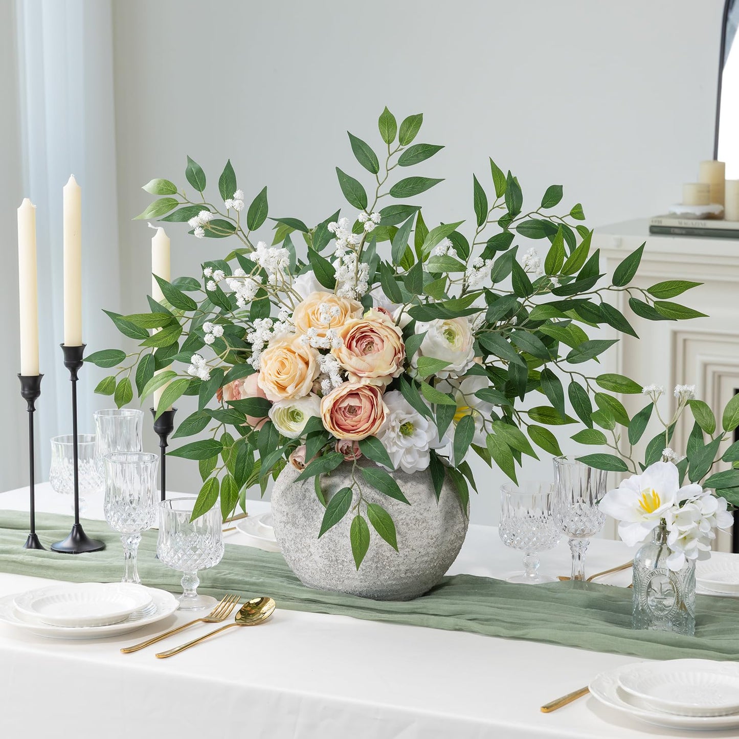 mizii 36pcs Italian Ruscus Artificial Greenery Stems Silk Green Leaves 20in Fake Spray Plants Stem Garland Greenery Decoration for Centerpieces Wedding Arch Flower Bouquet Table Room Wall Decor (36)