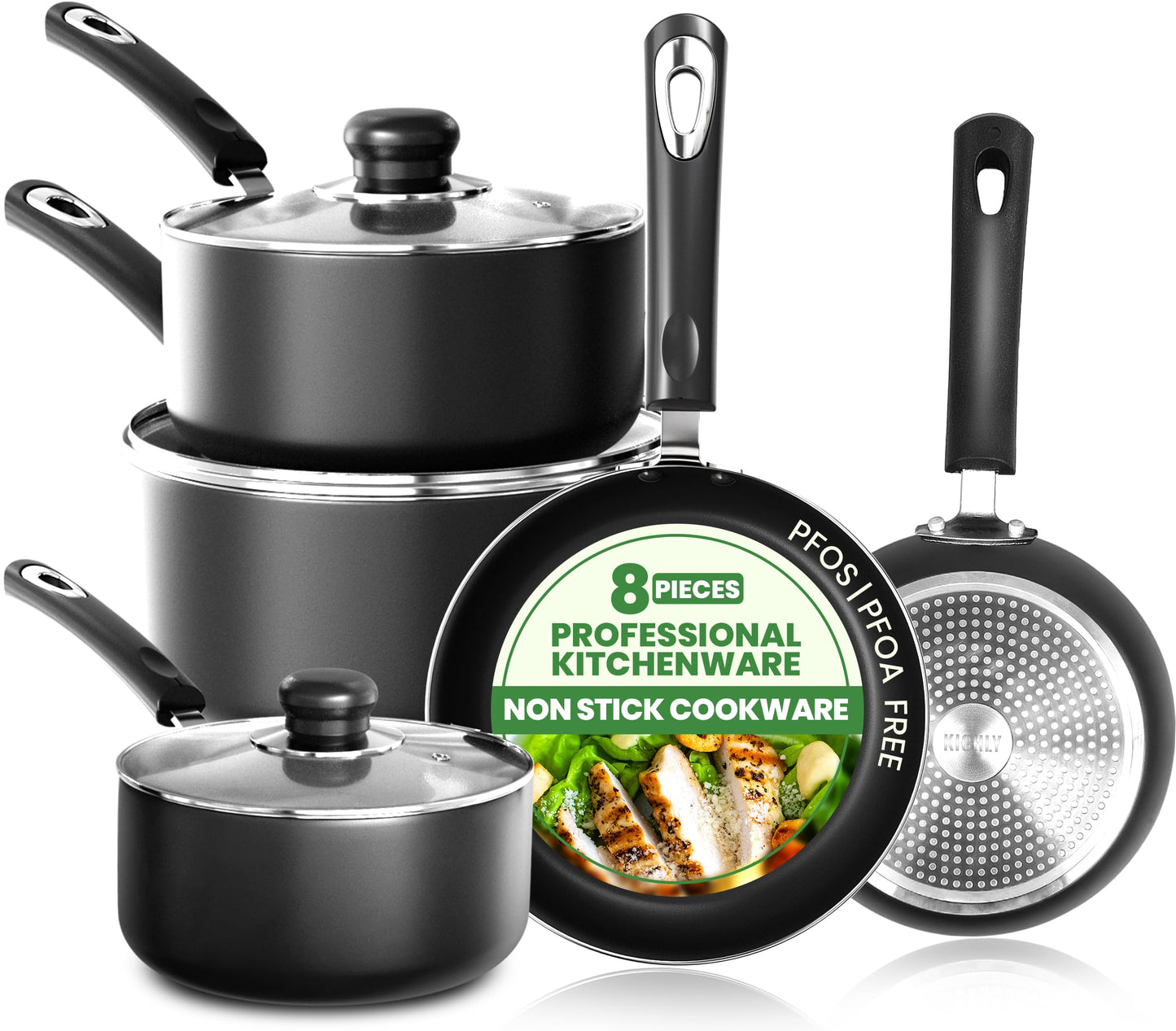 KICHLY 8 Piece Pots and Pans Set, Non Stick Kitchen Cookware Set with 20cm & 28cm Frying Pans and 16cm, 18cm, 20cm Saucepans with Lids, Induction Compatible Pots and Pans Set Non Stick, Black