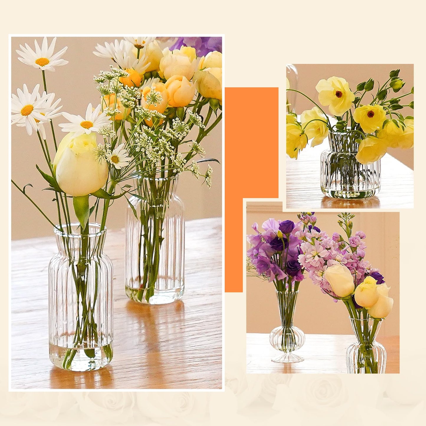 12 Pcs Ribbed Glass Bud Vases Set, 4 Styles Clear Small Flower Vases in Bulk, Roman Column Vertical Ribbed Design for Wedding, Home Decor, Table Centerpieces, Party