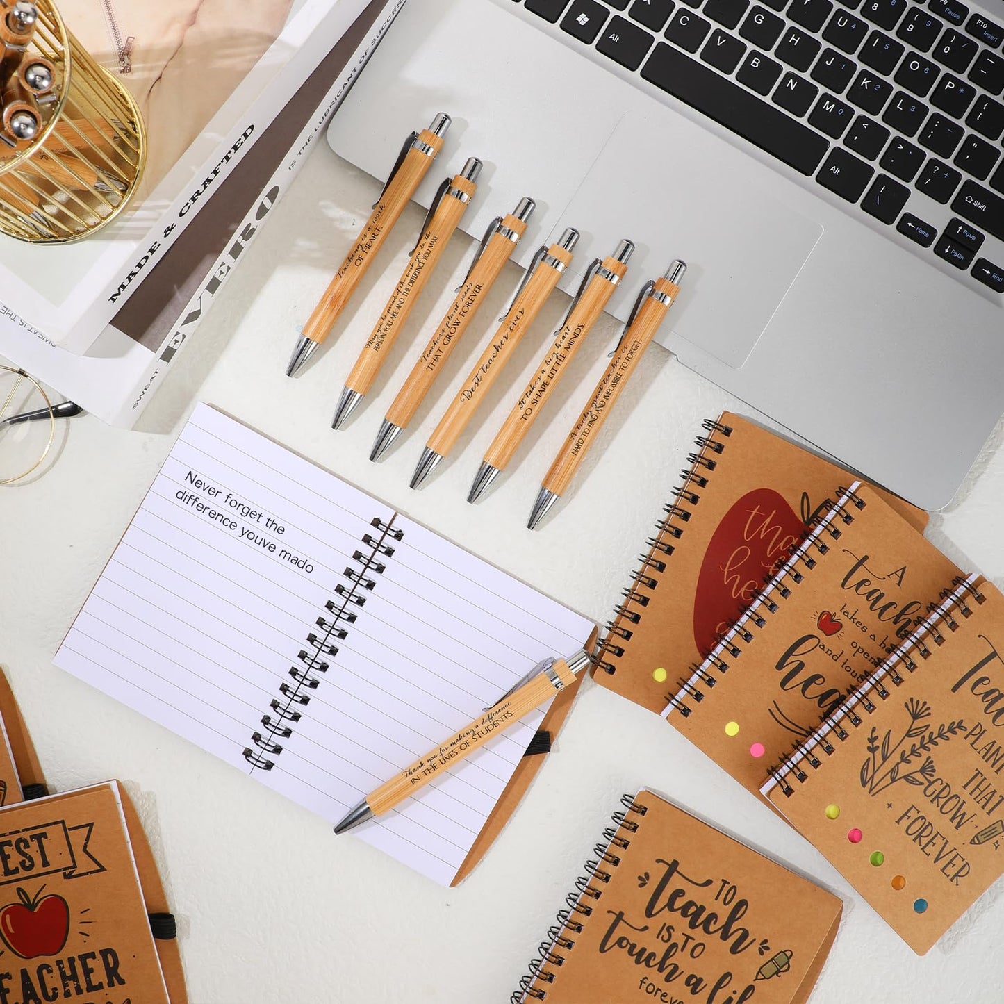 Glenmal 20 Sets Teacher Appreciation Gift for Women Spiral Notebook Thank You End of Year Gift for Teachers from Students Inspirational Journal with Bamboo Pens for Office Employee Supplies