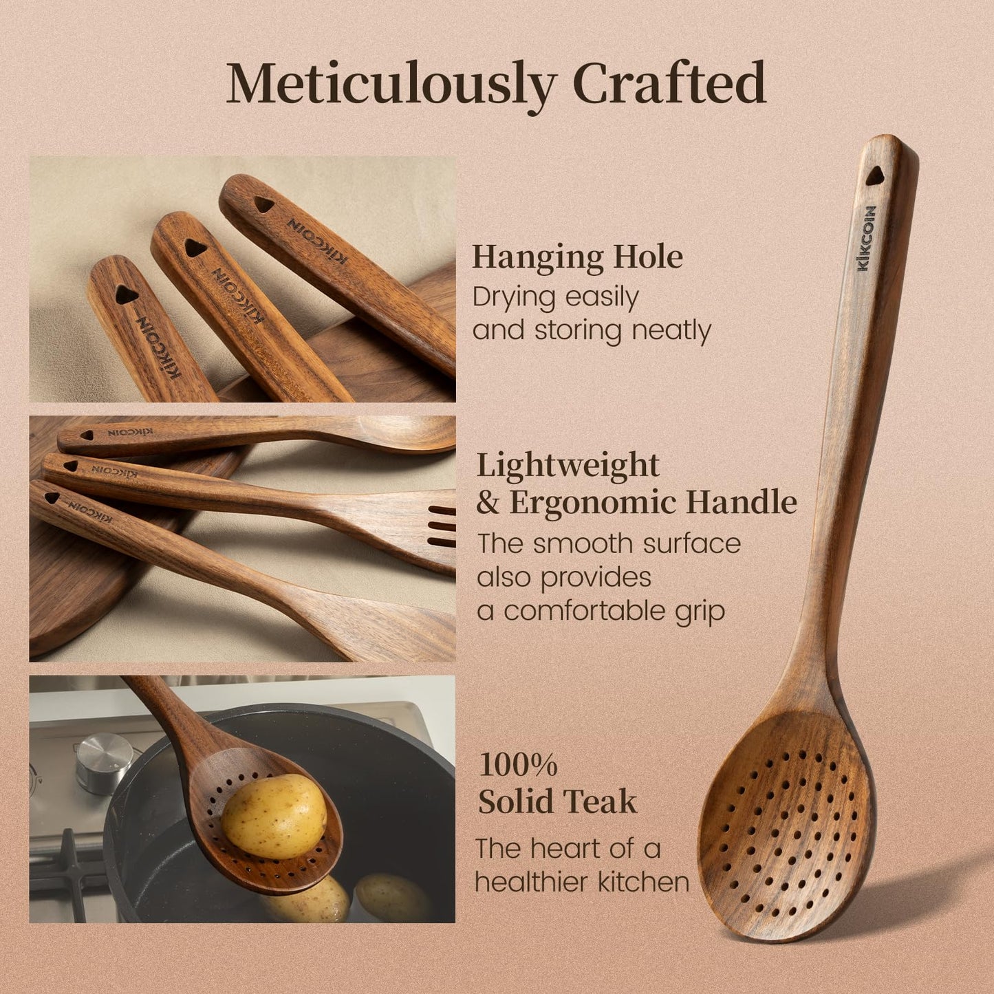 Kikcoin 10 PCS Durable Natural Teak Wooden Cooking Utensil Set, Non Toxic Wooden Spoons for Cooking, Wooden Utensil Set for Cooking with Comfort Grip, Nonstick & Easy to Clean Wood Kitchen Utensil Set