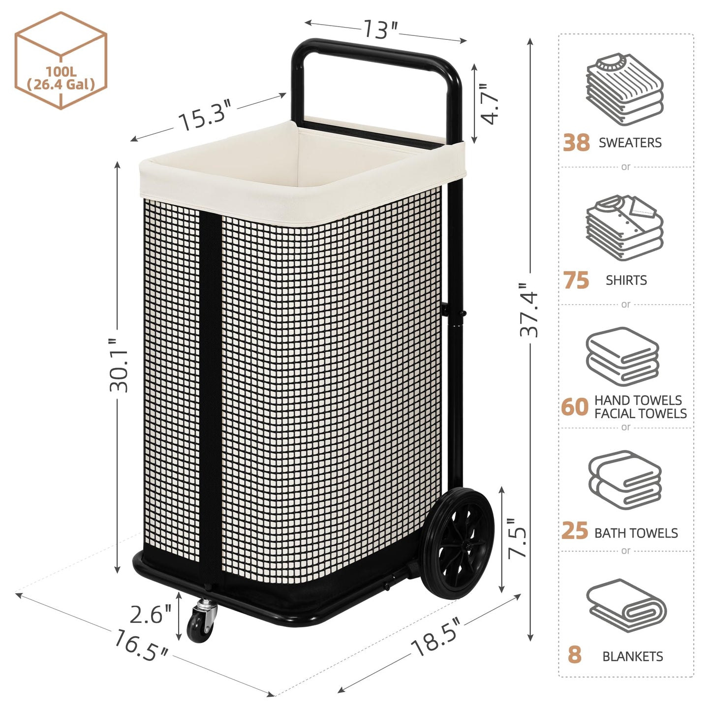 STORAGE MANIAC Rolling Laundry Cart with Wheels 37.4"H Laundry Hamper with Removable and Washable Canvas Liner Heavy Duty Laundry Basket Sorter Utility Cart Steel Frame for Clothes & Groceries, Beige