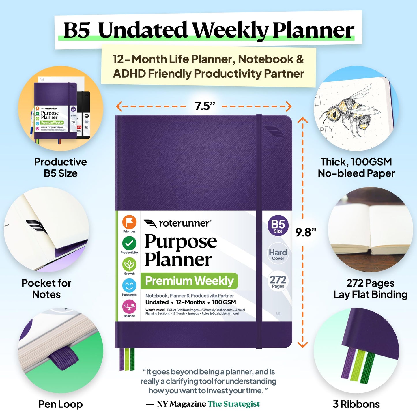 Roterunner Purpose Planner Notebook B5 7.5”x9.8” 12 Month Undated 2026 Daily Weekly and Monthly Productivity Goal Setting Tool for Work Home ADHD Planner for Adults Self Care Journal