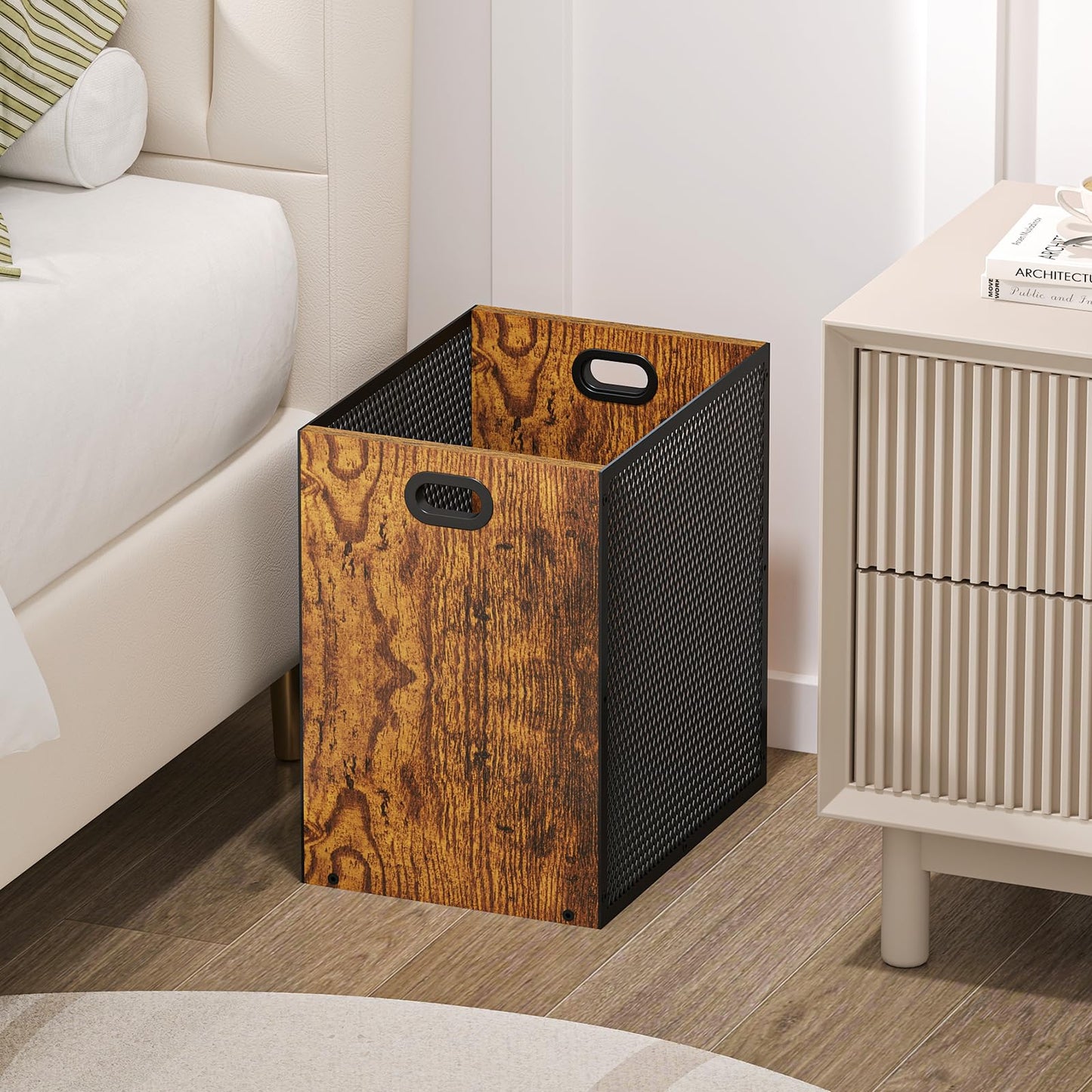 Retro Office Trash Can, Iron and Wood Combination Bedroom Garbage Can, Rectangular Design Wastebasket with Handle, Industrial Style Trash Can for Home Office, 11.02" X 7.87" X 11.81" 4.5 Gallon (2)