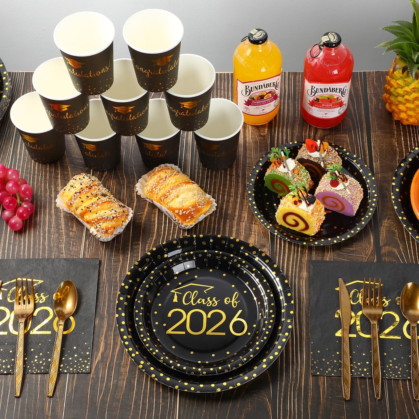 700pcs Class of 2026 Graduation Plates and Napkins Set, Disposable Paper Plate Set Polka Dots Napkins Cups Knife Fork Spoon for Graduation Party Decorations and Supplies,Serve 100 (Black Gold）
