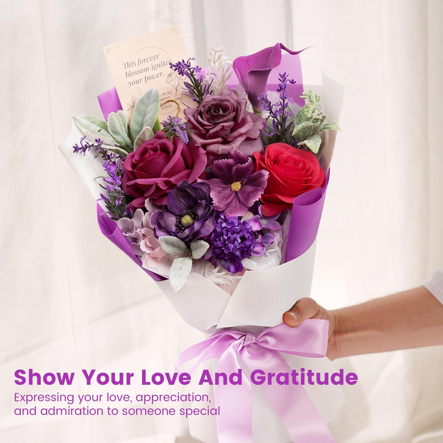 TINGE TIME Mothers Day Preserved Flowers Bouquet, Forever Flowers Gifts for Mom, Birthday Gifts for Women, Eternal Roses Bouquet for Grandma Wife Anniversary Graduation(Purple)