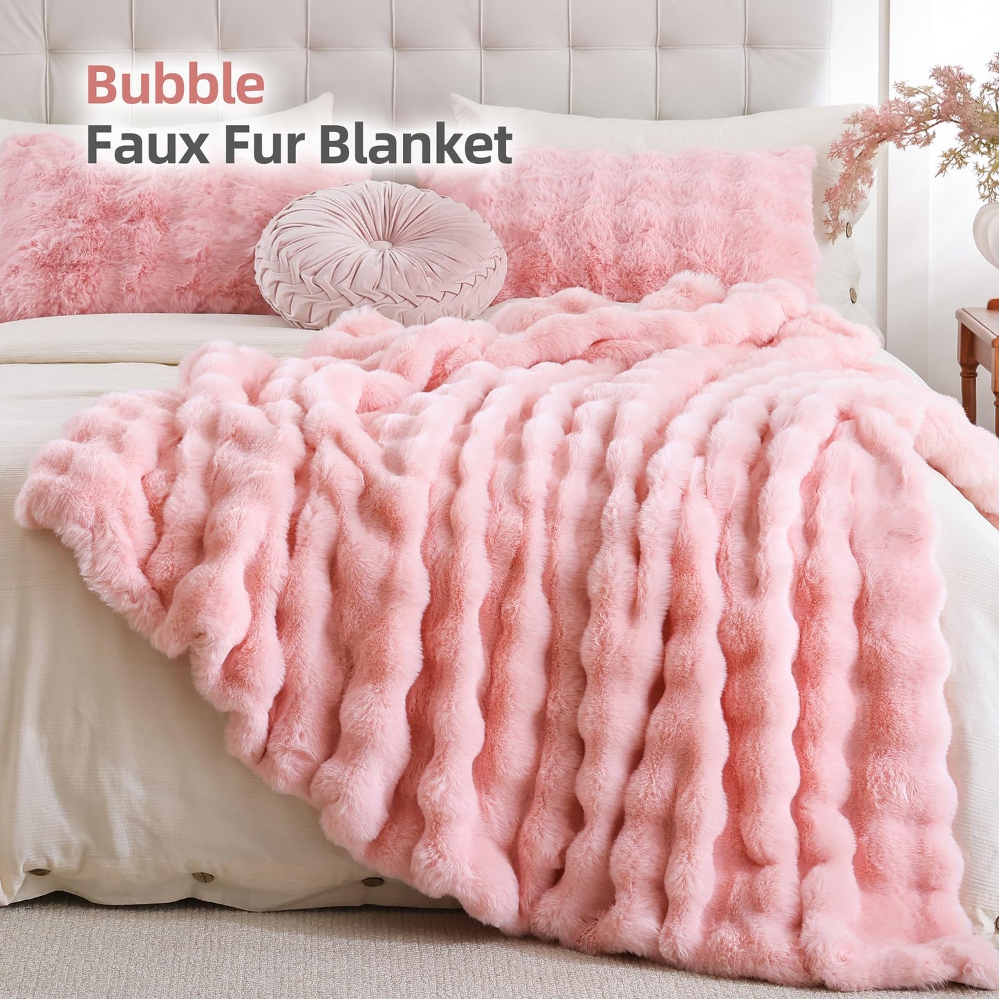 Smoofy Faux Fur Throw Blanket for Couch - Blush Pink Super Soft Cozy Bubble Blanket, Fluffy Plush Fuzzy Throw for Sofa & Bed, Thick Lightweight Warm Blanket, Luxury Aesthetic Gift for Women 50"x60"