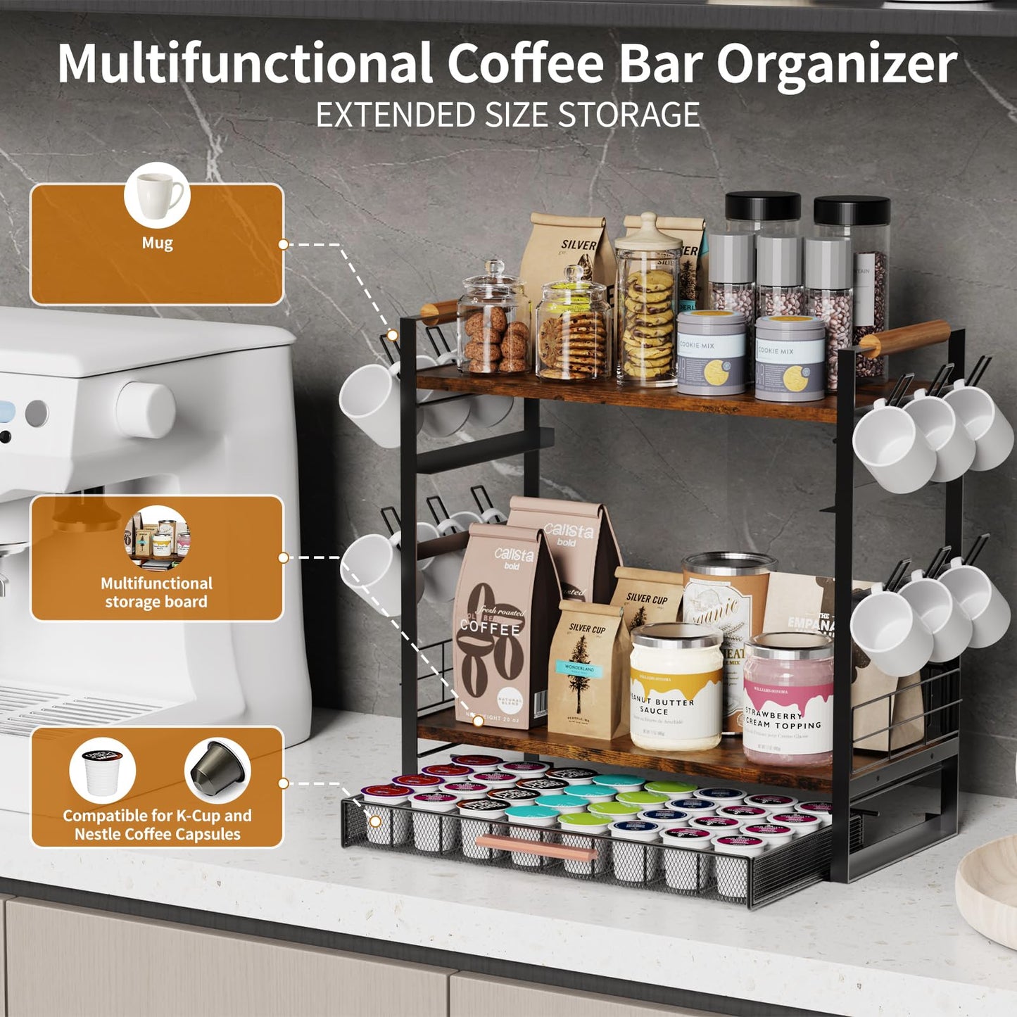 Coffee Bar Station Organizer for Countertop - 32 Pod for K Cup Holder with Drawer and 12 Mug Holder, 3 Tier Coffee Bar Accessories (Black, 3-Tier with 1 drawer)