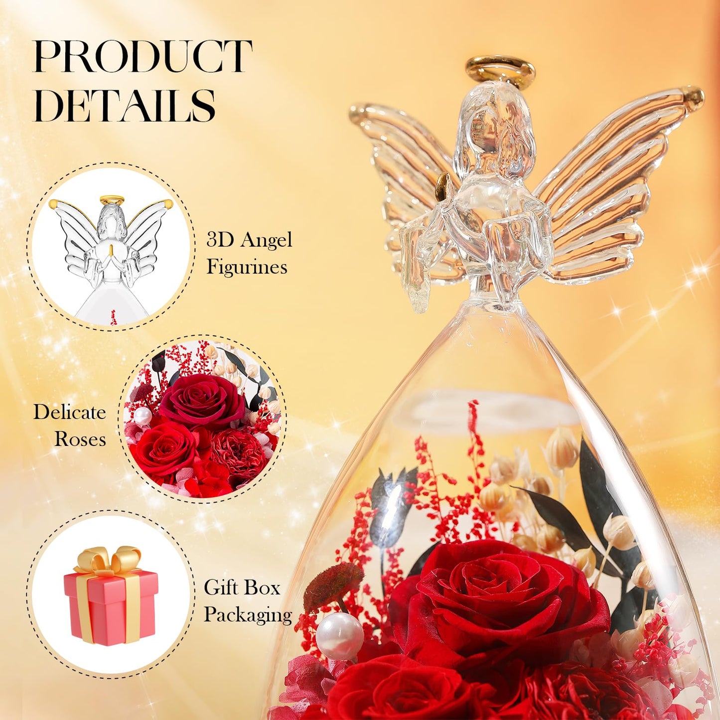 Mothers Day Roses Gifts for Mom Forever Preserved Real Roses Flowers in Glass Angel Figurines Fresh Flowers for Delivery for Grandma Women Mom Wife from Daughter/Red