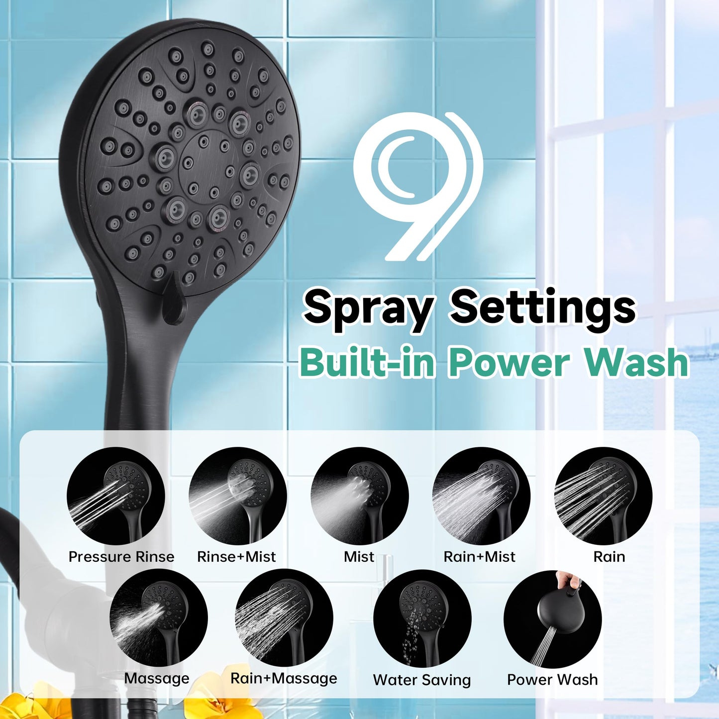 BRIGHT SHOWERS High Pressure Shower Head with Handheld, 9 Spray Settings Showerhead Built in Power Wash to Clean Tub and Pets, Extra Long 69" Hose, Adjustable Bracket, Oil-Rubbed Bronze