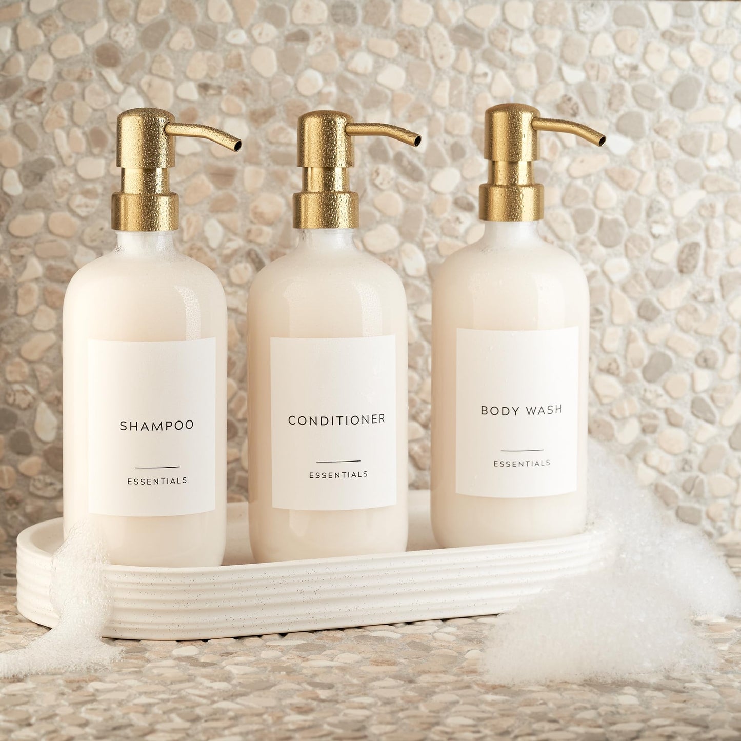 Stylish Shampoo and Conditioner Dispenser Set of 3 - Modern 21oz Shower Soap Bottles with Pump and Labels - Easy to Refill Body Wash Dispensers for an Instant Bathroom Decor Upgrade Clear