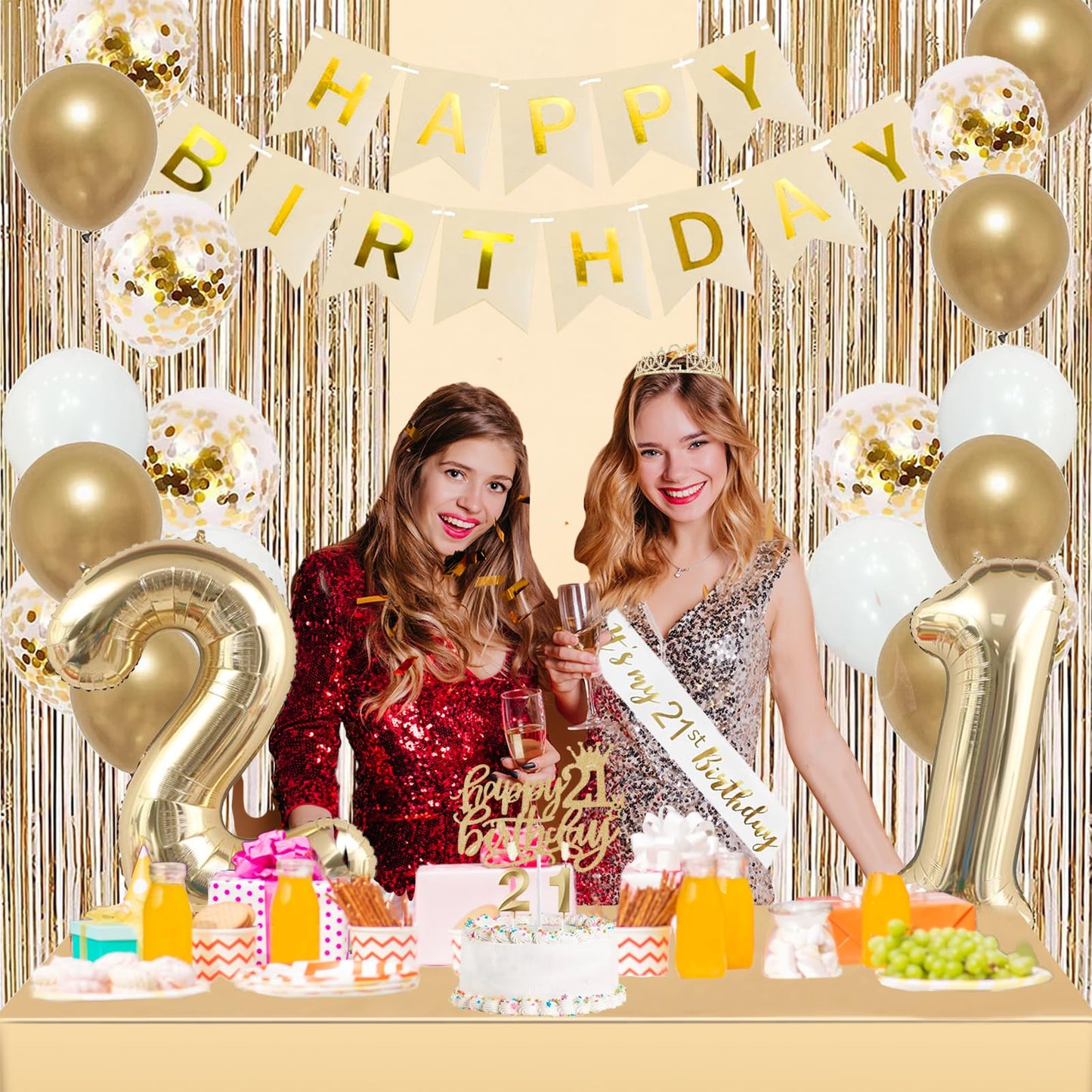 Trgowaul 21st Birthday Decorations for her, Champagne Gold Happy 21st Birthday Supplies for Girls, 21 Sash and Crown, Banner, Fringe Curtains, Cake Topper, 21 Year Old Party Supplies Set