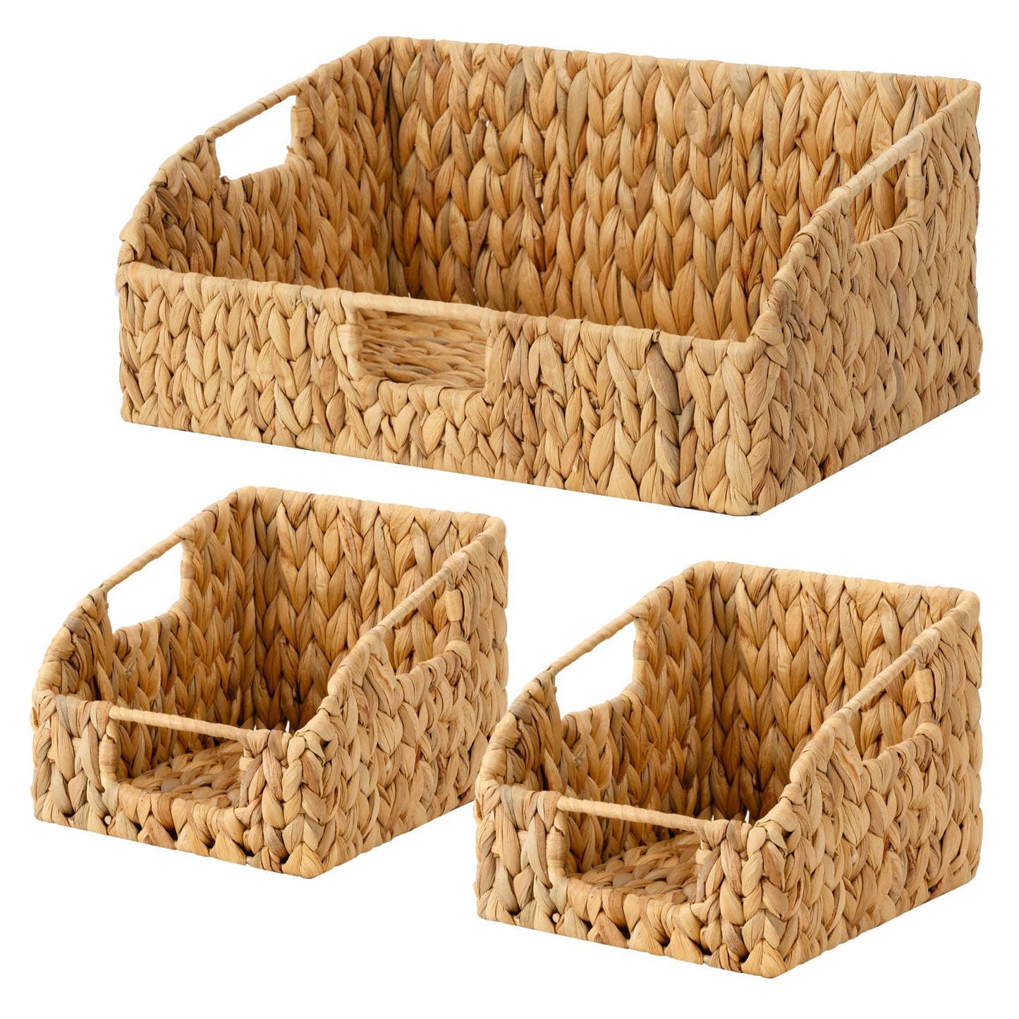 StorageWorks Water Hyacinth Pantry Storage Baskets, Wicker Baskets with Built-in Handles, Handwoven Shelf Baskets for Organizing, Pantry Organizers and Storage, 3 Pack