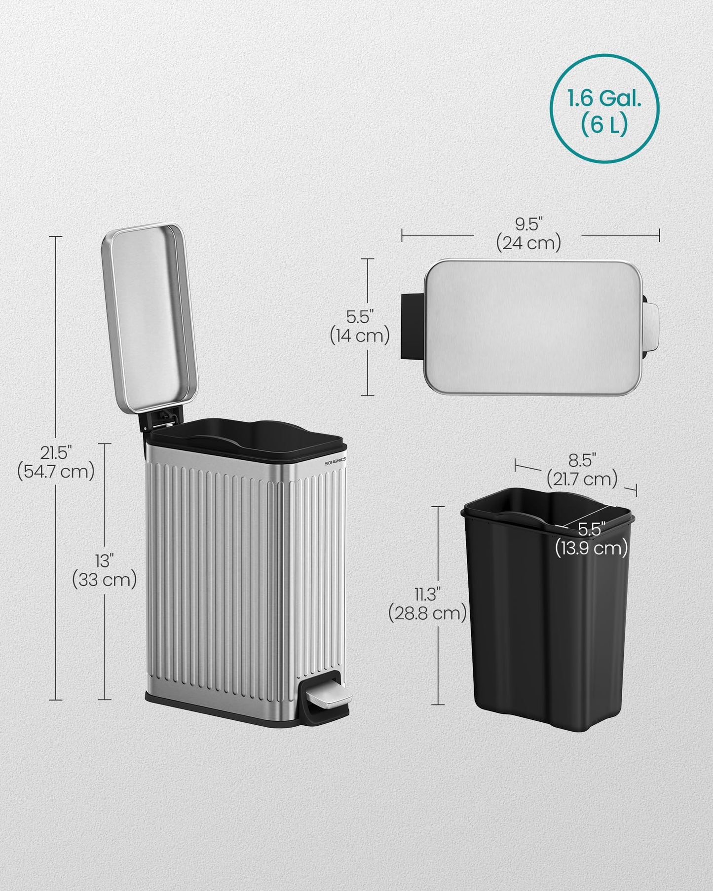 SONGMICS Bathroom Trash Can, 1.6-Gallon (6 L) Trash Bin with Lid, Slim for Small Spaces, Stainless Steel Garbage Can, Soft Close, Silver ULTB563E01