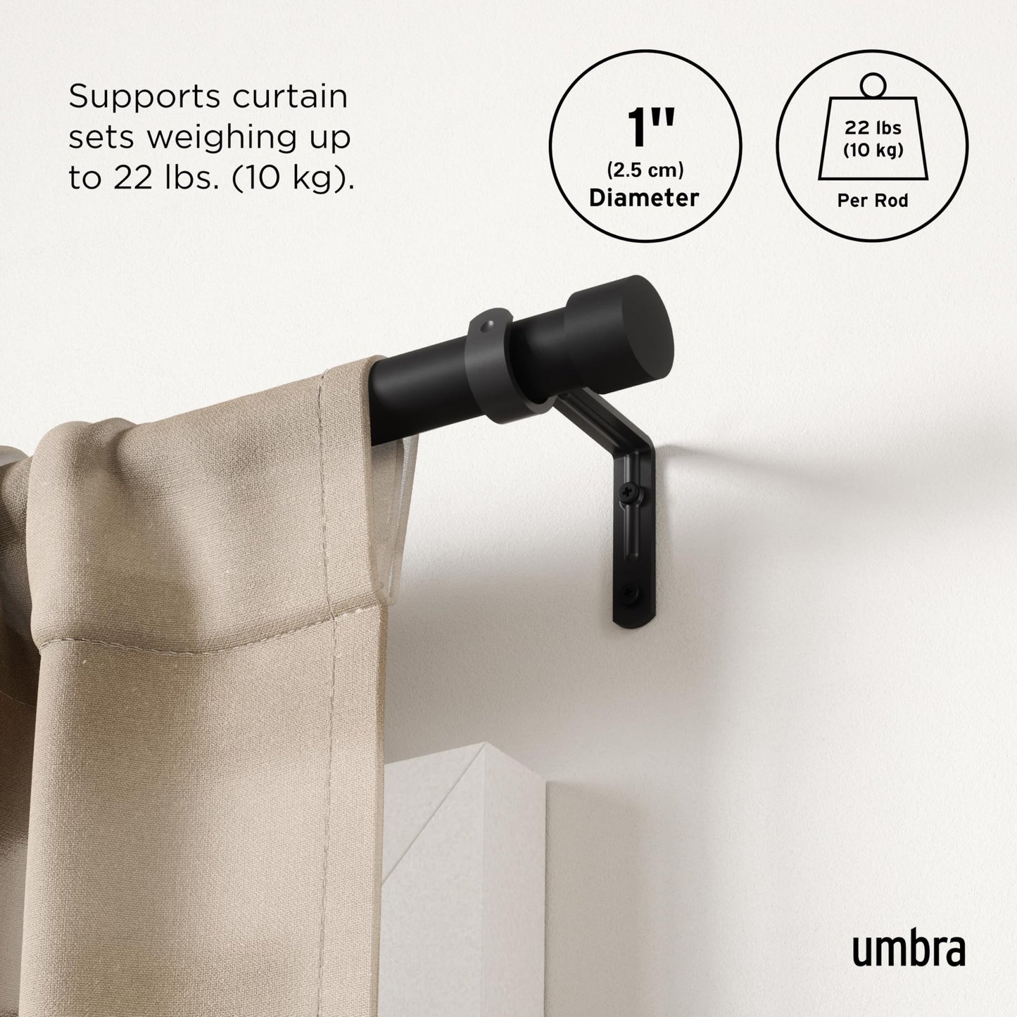 Umbra Cappa Curtain Rod, Includes 2 Matching Finials, Brackets & Hardware, 16 to 120-Inches, Black