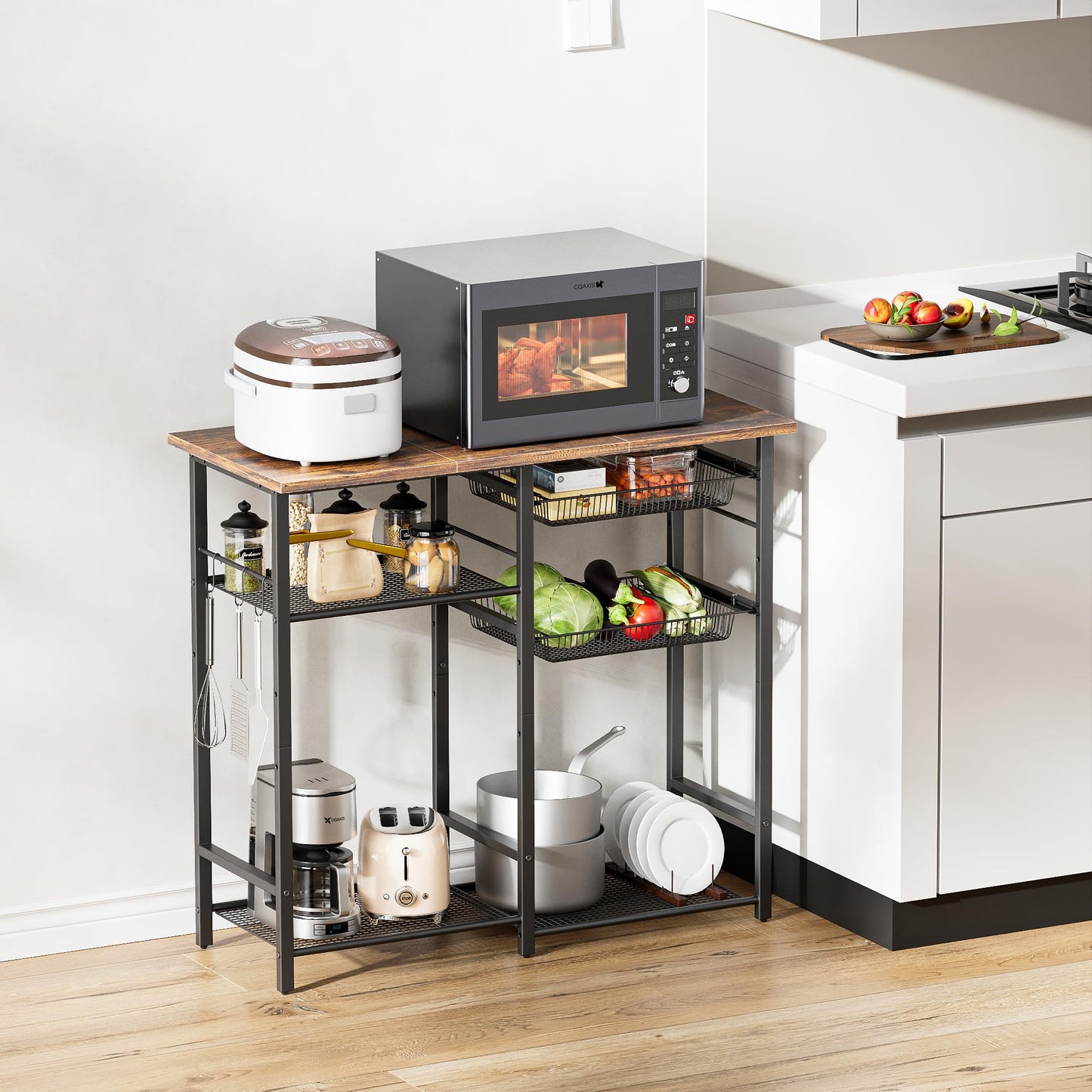 LAKEMID Kitchen Bakers Rack,Microwave Stand with Storge 3-Tier,Coffee Bar Station,6 S-Shaped Hook,Kitchen Storage Shelf,33.7D x 14.9W x 29.9H Inches,Rustic Brown