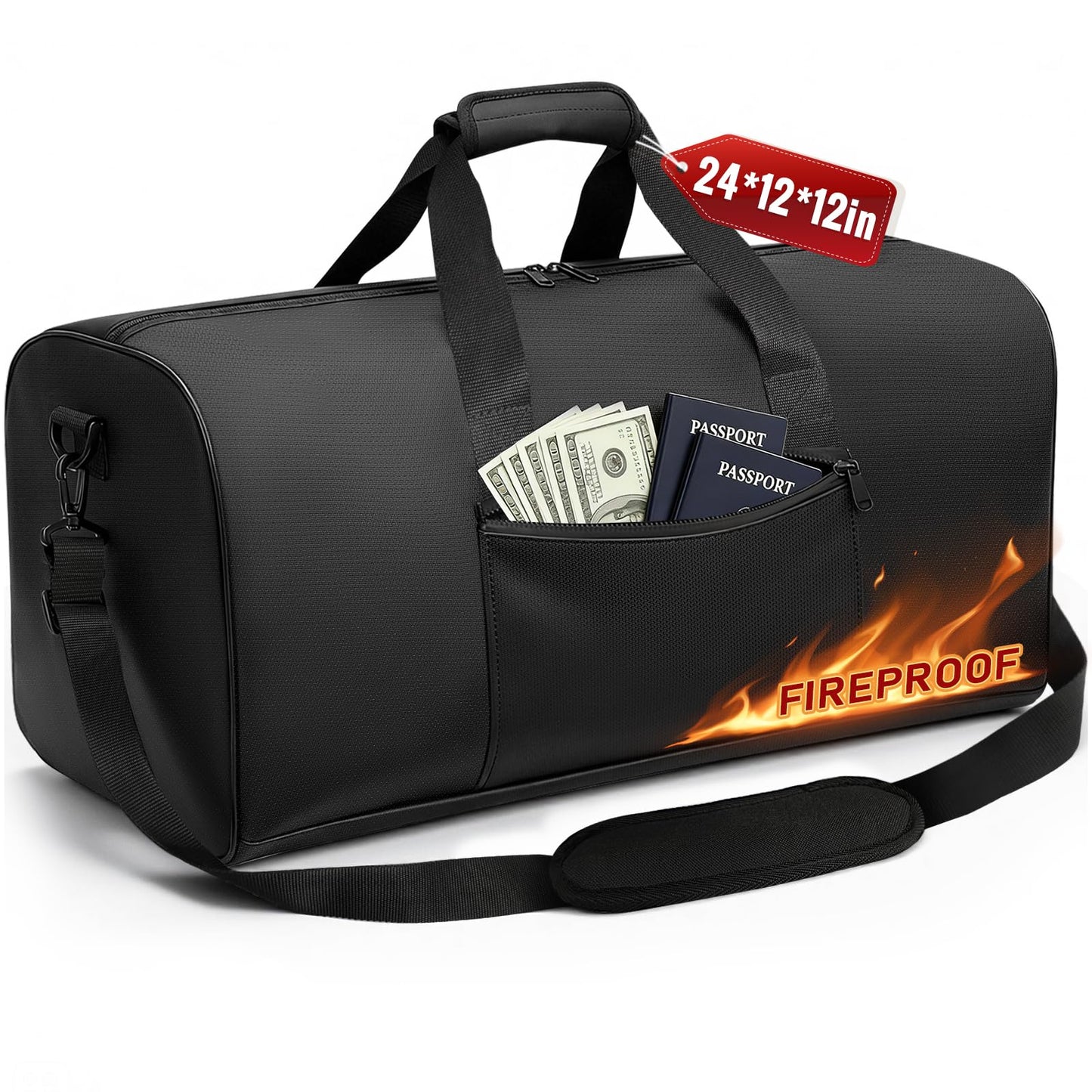 Large Fireproof Document Bag, 24x12x12in Portable Fireproof Waterproof Document Box for Travelling, Camping, Multi-Pocket Organizer for Cash, Valuables, Fire Proof Bag with Shoulder Strap