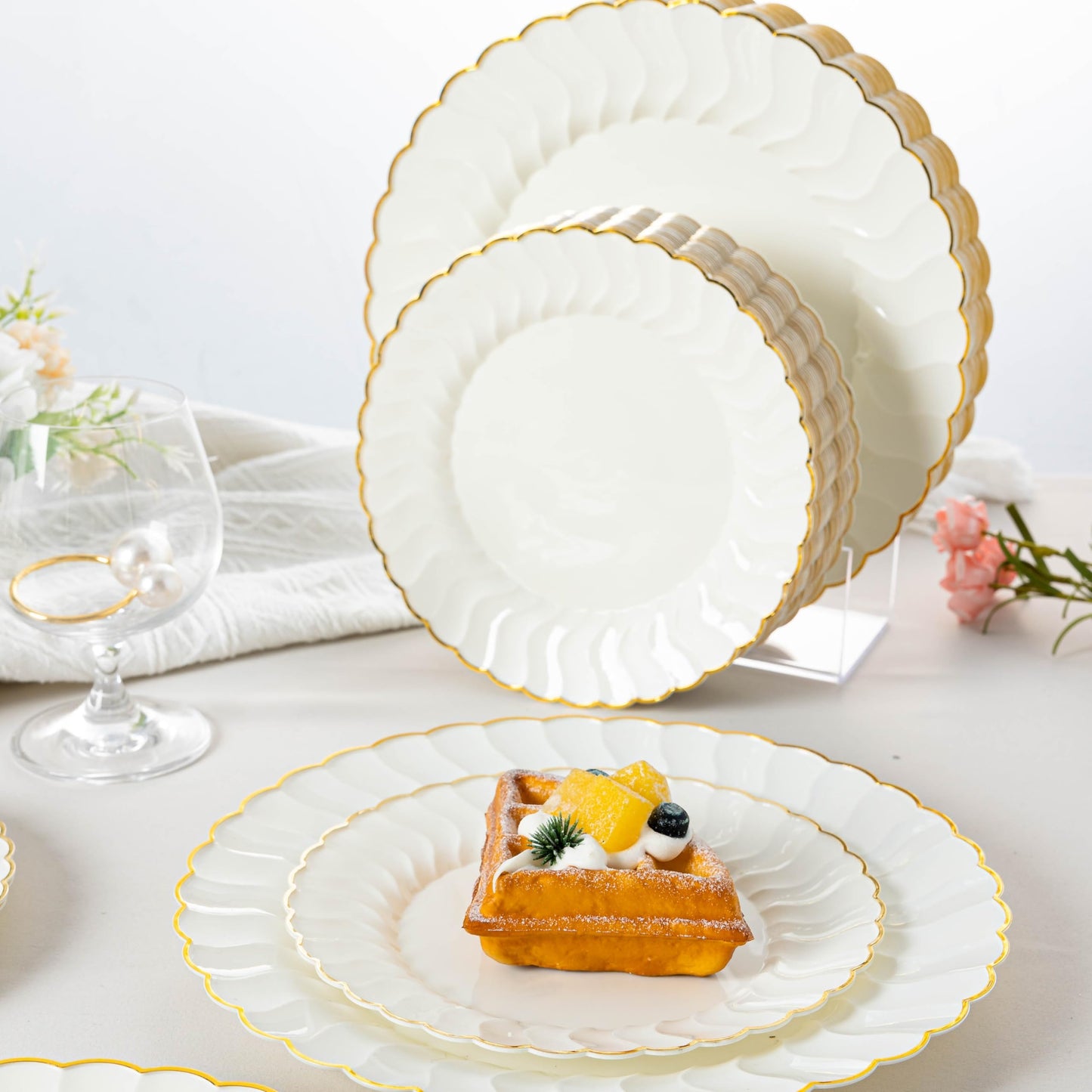 Lullaby 96PCS Ivory Scalloped Plastic Plates with Gold Rim, Disposable Elegant Plates Include 48pcs Dinner Plate 10.25", 48pcs Dessert Plate 7.5", Perfect for Daily Use, Wedding and Party
