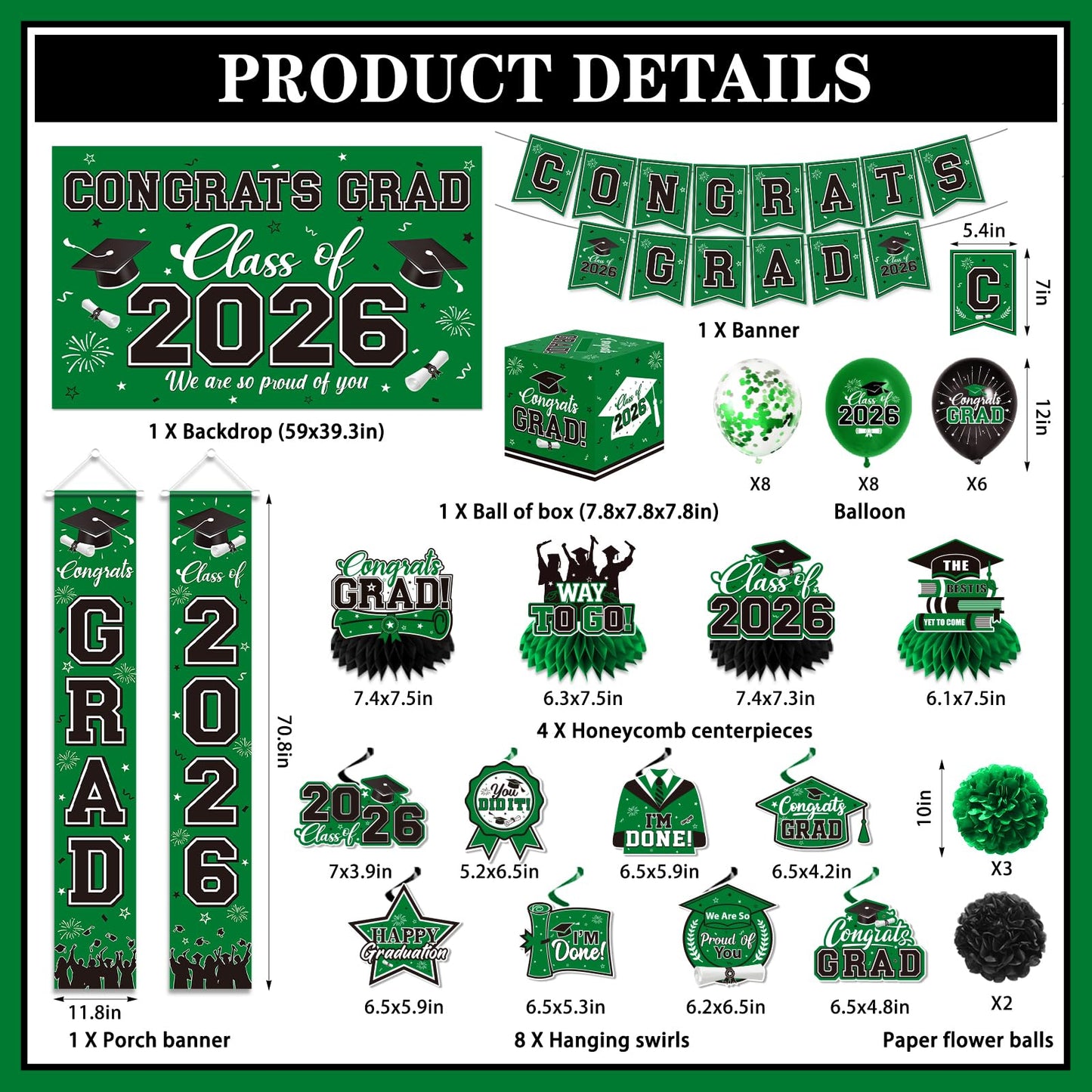 Graduation Decorations 2026 Green Party Decor Set with Congrats Grad Banner, Class of 2026 Backdrop, Balloons, Box & Streamers Supplies for High School & College Celebrations