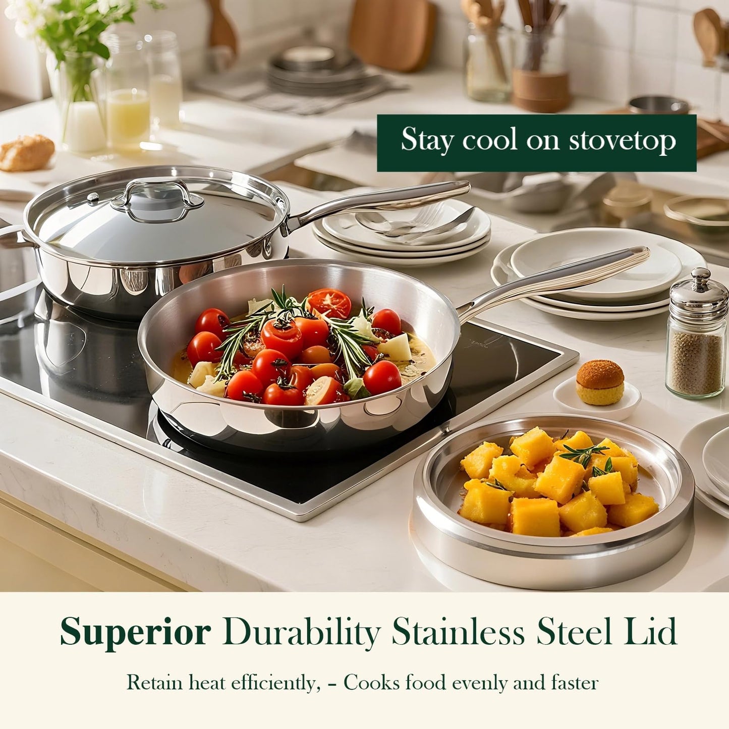 12 Inch Tri-Ply Stainless Steel Frying Pan, Frying Pan with Lid, PFOA/PTFE Free Skillet, Induction Cooking Pans, Dishwasher & Oven Broiler Safe 600F, Professional Cookware, Heavy Duty & Even Heat