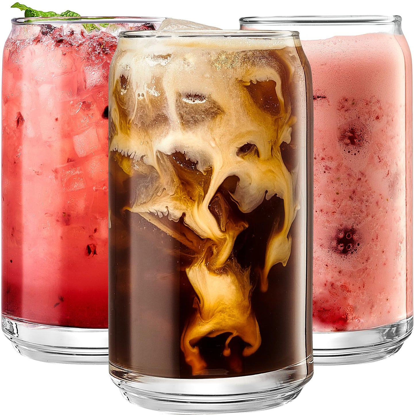 Le'raze Set of 6 Patented Can Shaped® Drinking Glasses - 16oz Clear Goblet Glass Cups for Margarita, Cocktails, Iced Coffee, Tea, Soda, Whiskey, Water and Beer