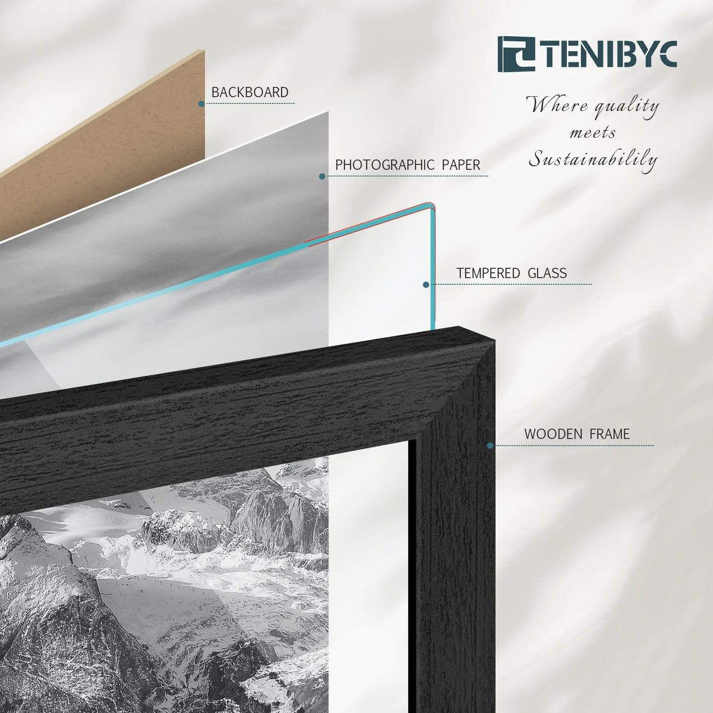 TENIBYC 8x10 Picture Frame 4 Pack, Black Wooden Textured, HD Tempered Glass, Gallery Photo Frame, Table or Wall Display