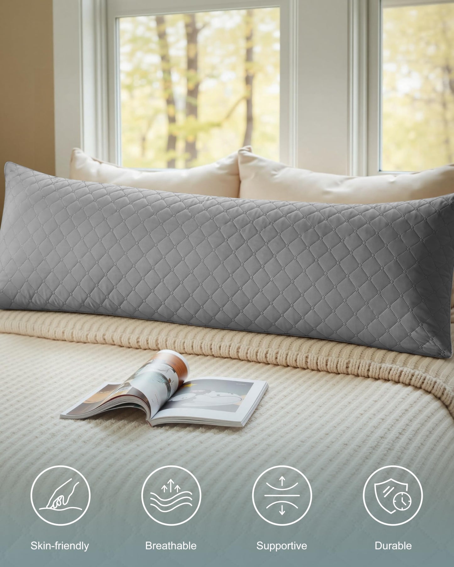 YZ HOME Long Body Pillow for Adults, Firm Body Pillow Shredded Memory Foam, Adjustable Height,Support for Side Sleeping & Pregnant Women(Grey, 20x54 Inch)