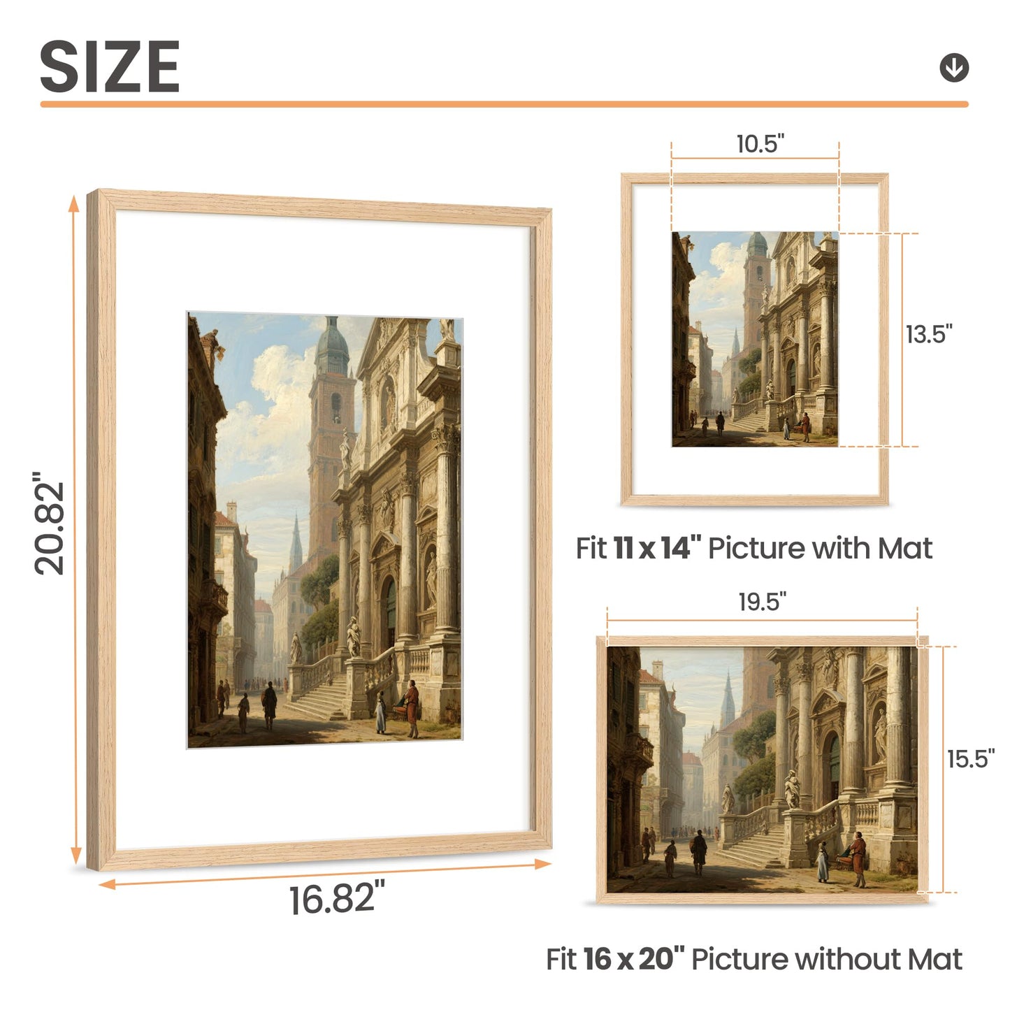 upsimples 16x20 Frames Set of 3, Natural Solid Wooden Picture Frames, Display 11x14 with Mat or 16 x 20 Without for Vertical or Horizontal Wall Hanging