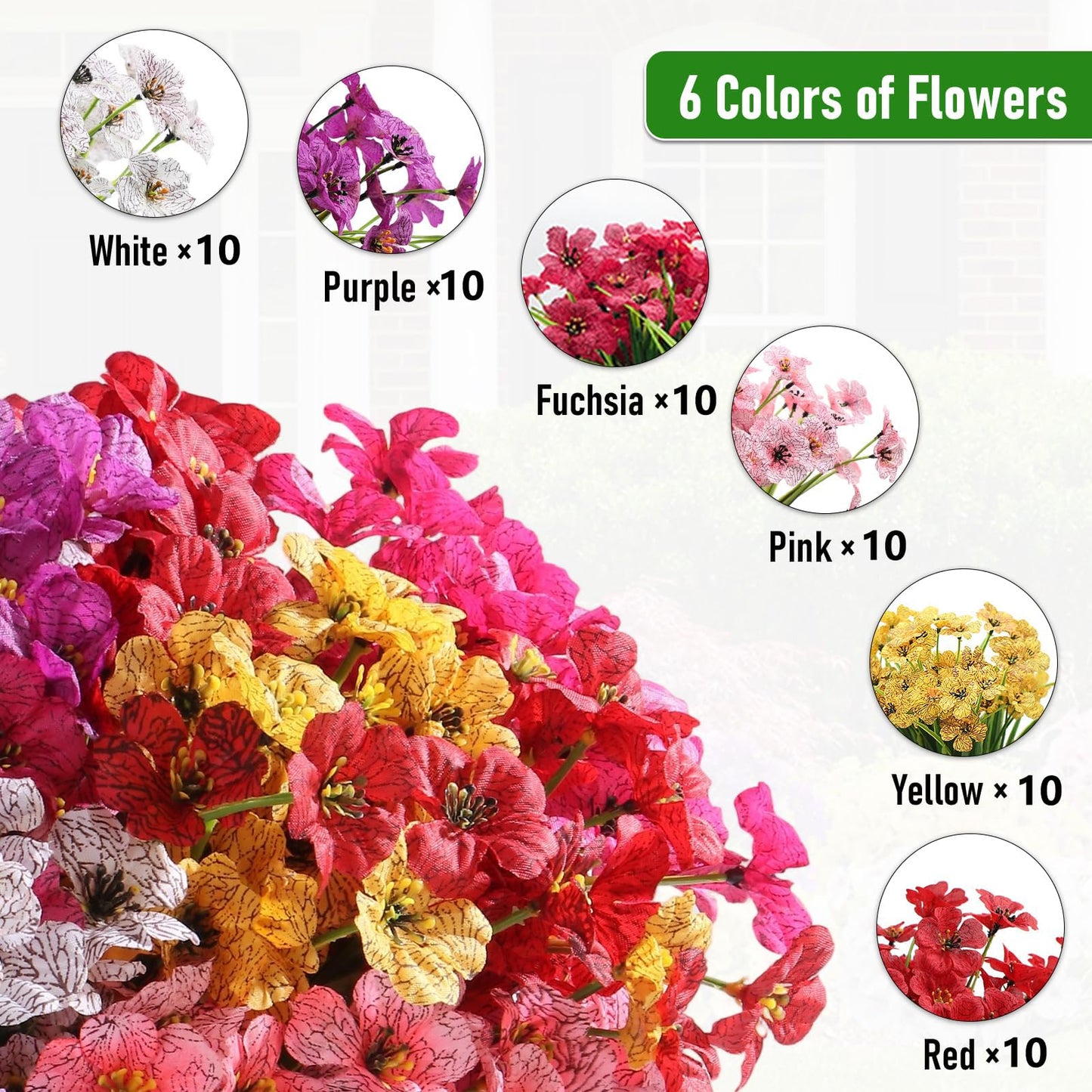 Powbrace 60 Pack Artificial Flowers Outdoor, Faux Silk Flowers for Outdoors Outside Front Porch Hanging Planter Window Box Garden Decoration(Mixed)
