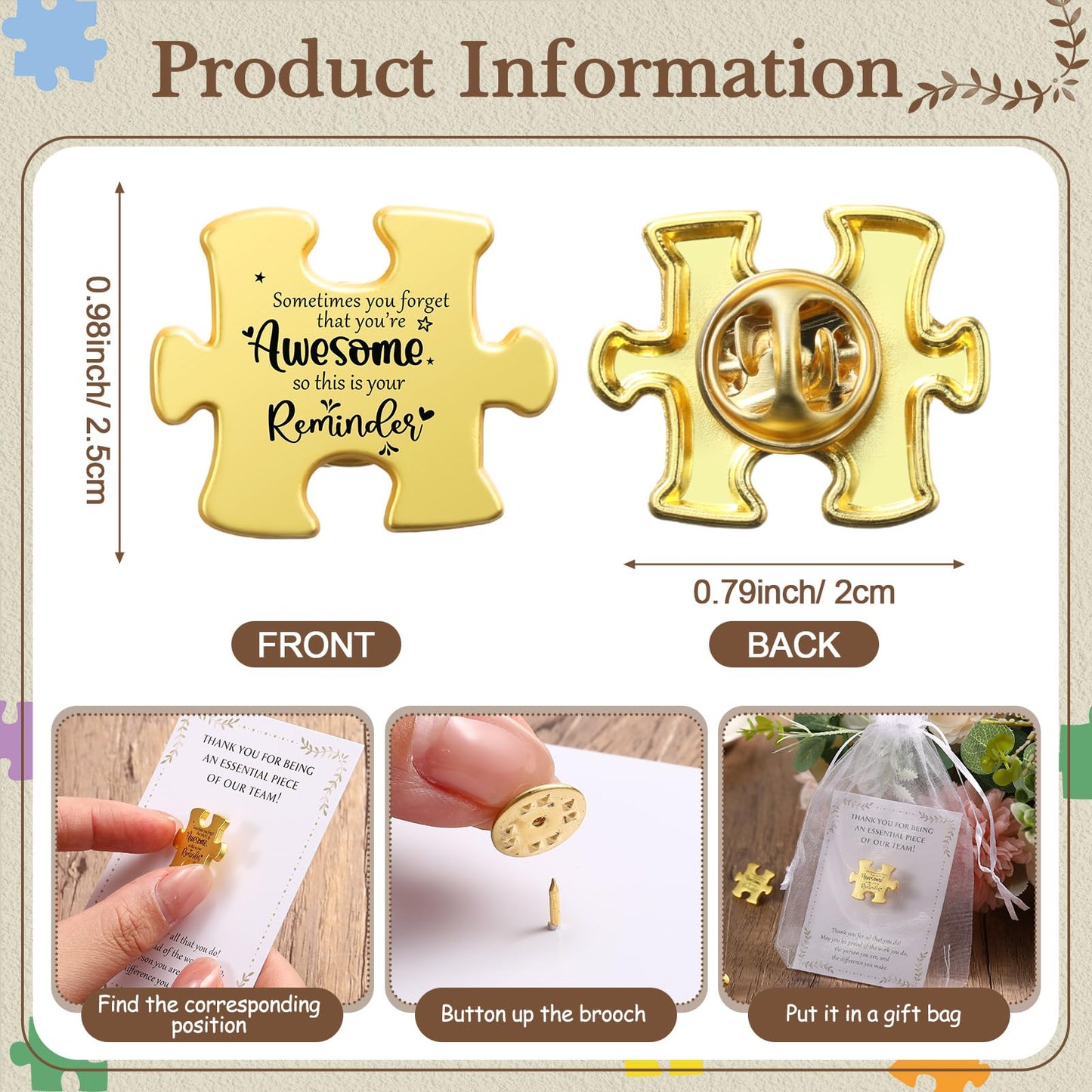 Solsew 72 Sets Employee Appreciation Gifts Bulk Puzzle Piece Lapel Pin Thank You Card and Organza Bag Building Recognition Soccer Baseball Team Gift for Employee Office Staff Coworker (Awesome)