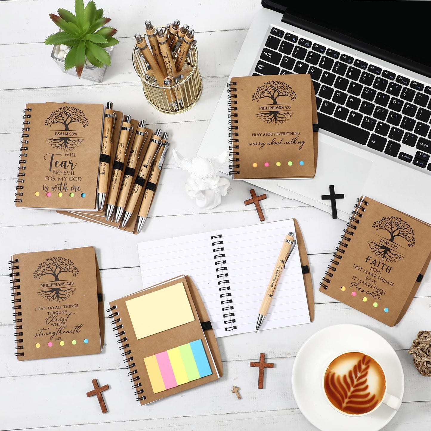 Kosiz 40 Pcs/20 Set Fathers Day Church Gifts Bulk, Christian Bible Prayer Journal with Sticky Note, Bamboo Pens, Spiral Notebook 5.3 x 4.1 in Faith Based Gifts for Study Groups(Kraft,Tree of Life)