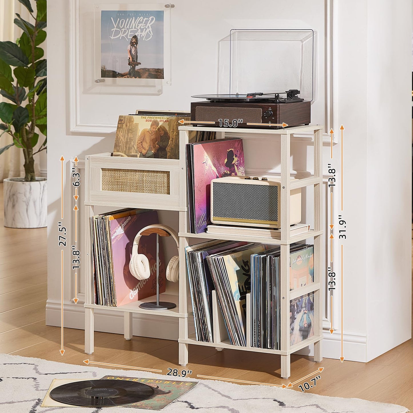 LELELINKY Record Player Stand, White Cream Oak Wood Record Holder with Vinyl Storage Holds up to 300+ Albums, 3-Tier Rattan Media Table with Vinyl Display Shelf, Record Storage Cabinet for Living Room