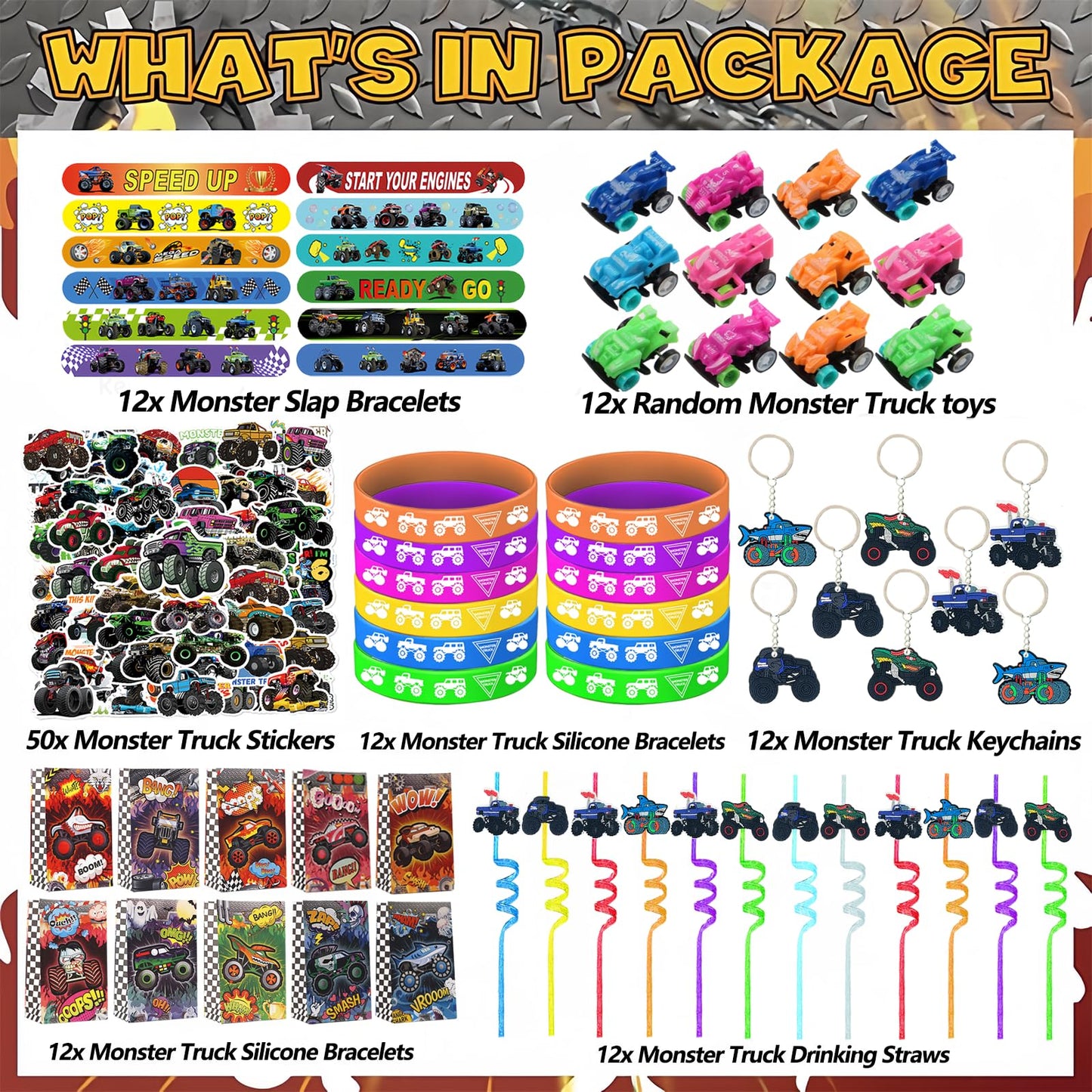 122PCS Monster Truck Party Favors Set, Jam Birthday Decorations Including Theme Slap Bracelets, Keychains, Gift Bags, DIY Stickers, Drinking Straws, People Monster Truck Birthday Supplies