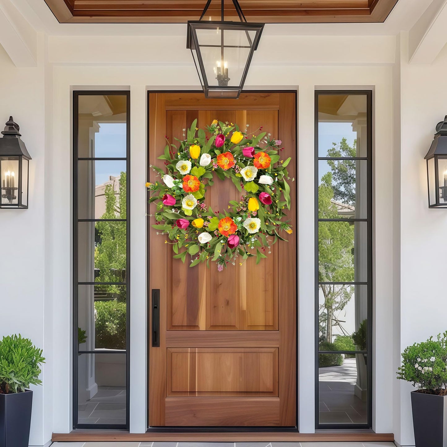 ICX 22" Spring Summe Wreaths for Front Door, Artificial Tulip Wreath with Orchids Green Foliage, All Season Farmhouse Window Wall Wedding Decor, Housewarming Gift