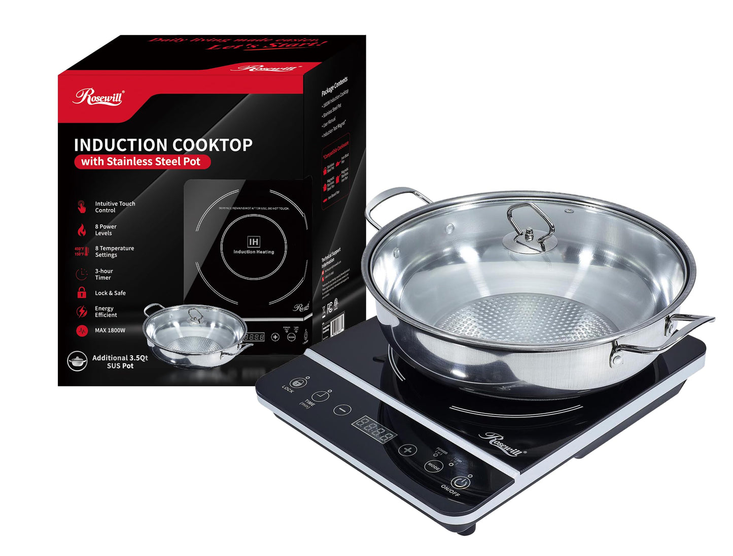 Rosewill Induction Cooker 1800 Watt, Induction Cooktop, Electric Burner with Stainless Steel Pot 10" 3.5 QT 18-8, RHAI-13001