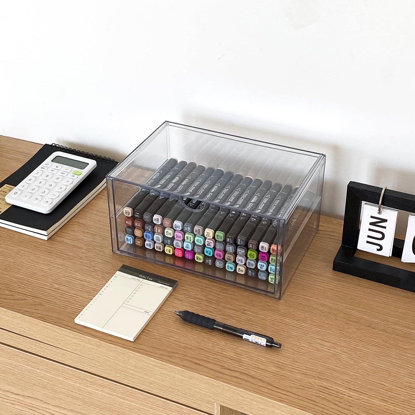 NINEWEEN Clear Desk Organizers and Accessories, 2 Pack Plastic Drawer Organizer for Office Supplies, Marker Pen, Art Crafts, Stationery, Coffee Pods, Stackable Home Storage (2 Drawers)