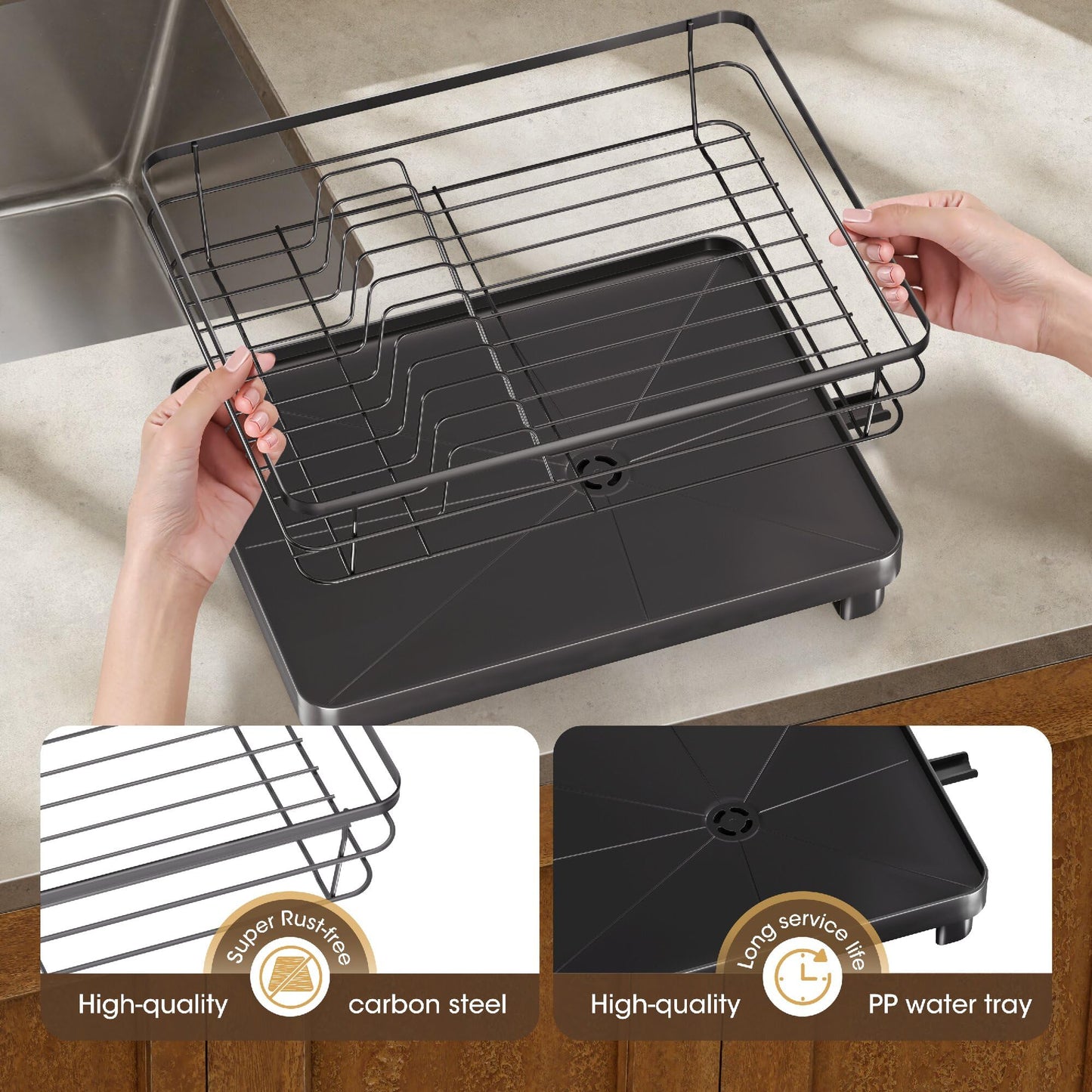 Runnatal Dish Drying Rack, Stainless Steel Dish Rack with Drainboard for Kitchen Counter and Sink, Large Capacity Dish Drainer, Detachable 2-in-1 Utensil Holder, Cup Holder, Black