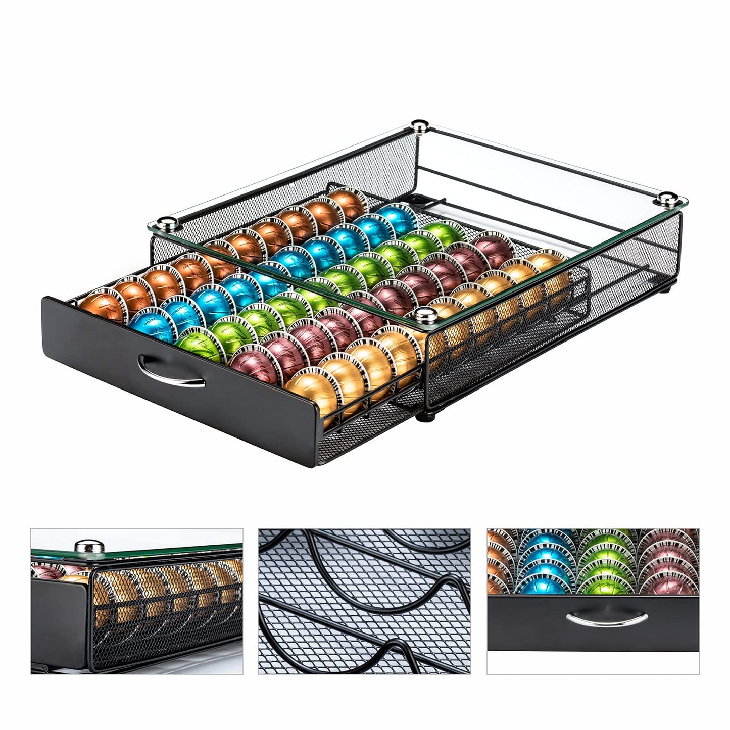 FlagShip for Nespresso Pod Holder Coffee Pod Storage for Vertuo Pod with Crystal Tempered Glass Top(50 Pods Capacity)