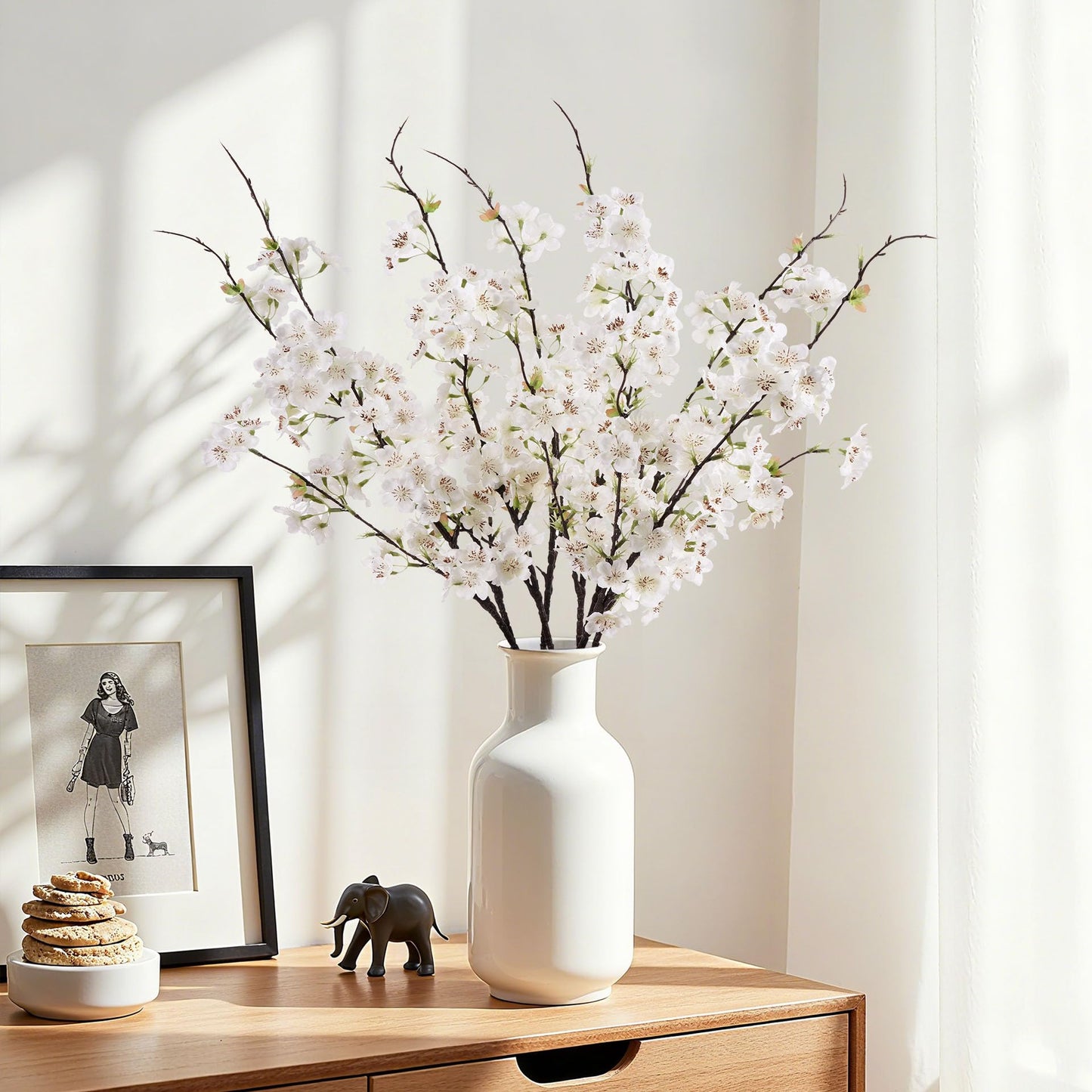 ENALGRE Artificial Cherry Blossom Branches 27.6In Silk Cherry Blossom Branches 8PCS Long Stem Artificial Flowers for Tall Vase, for Home Decorate, Weddings Decorate, Parties & Festival Gifts (White)