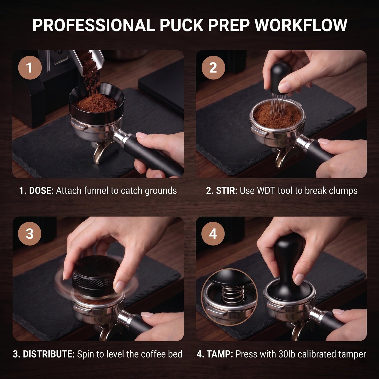 51mm Espresso Accessories Kit – 26PCS Tamping Station, Tamper, WDT Tool, Distributor, Dosing Funnel, Puck Screen, Air Duster, Stirrer, Stencils, Brush & Latte Art Pen