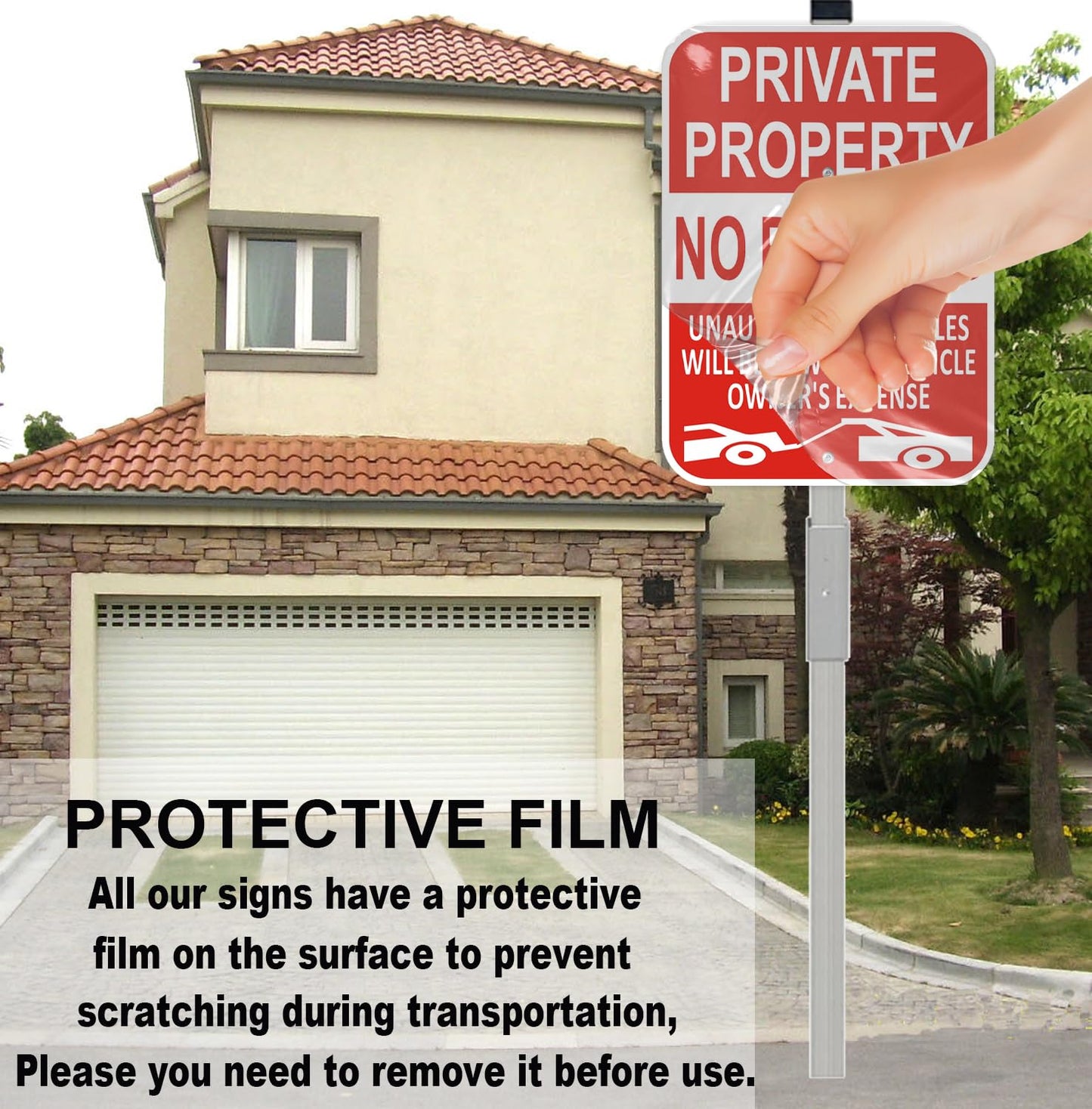 (3 Pack) Large Private Property No Parking Sign with Stake 36" Tall | 14" x 10" Vehicle Towed At Owner's Expense Sign, Reflective Rust Free Aluminum, UV Protected, Fade Resistance, Easy to install