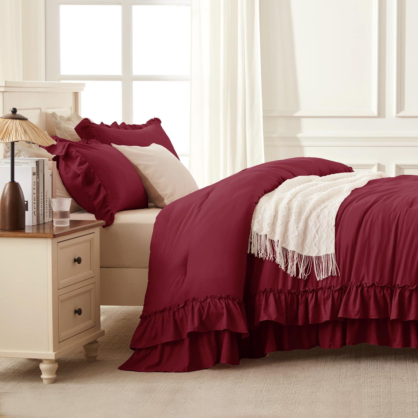 Andency Burgundy Comforter Set Queen Size, Lightweight Fluffy Farmhouse Ruffle Bedding Set, Soft Polyester All Season Shabby Chic Bed Comforter Set 3 Pieces(1 Comforter 2 Pillowcases)