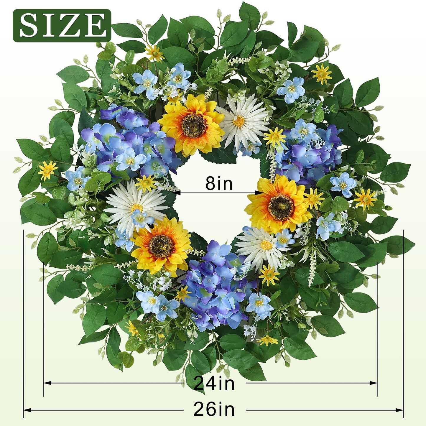 26" Large Artificial Flower Wreath for Front Door Outside – Spring Summer Wreath with Lifelike Sunflowers, Fake Blue Hydrangea Flowers for Indoor Outdoor Mantel,Window,Farmhouse,Home,Wall Decor