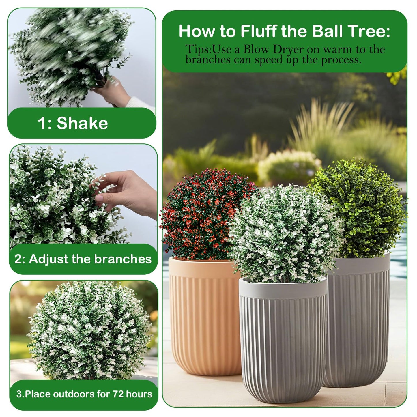 24.5" Artificial Boxwood Topiary Ball Trees with Spikes – Fake Bushes Eucalyptus Shrubs 2 Pack, UV Resistant Faux Plants Foliage for Outdoor Planters Porch Garden Indoor Office, Spring Decor – White