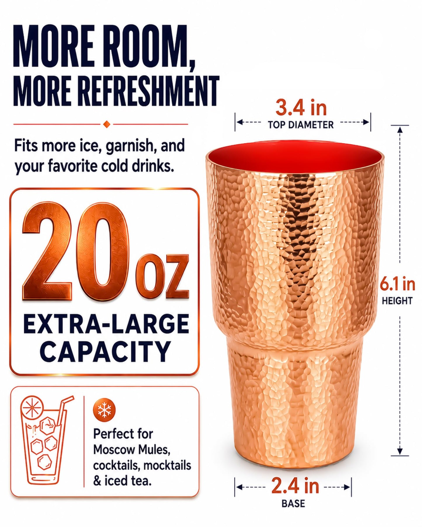 CigeZaus 20 oz Pure Copper Cup for Drinking, Tall Hand-Hammered Ayurvedic Water Tumbler, Cold-Retentive Mug for Moscow Mule, Cocktails & Whiskey, Ideal for Bar, Home & Parties (1)